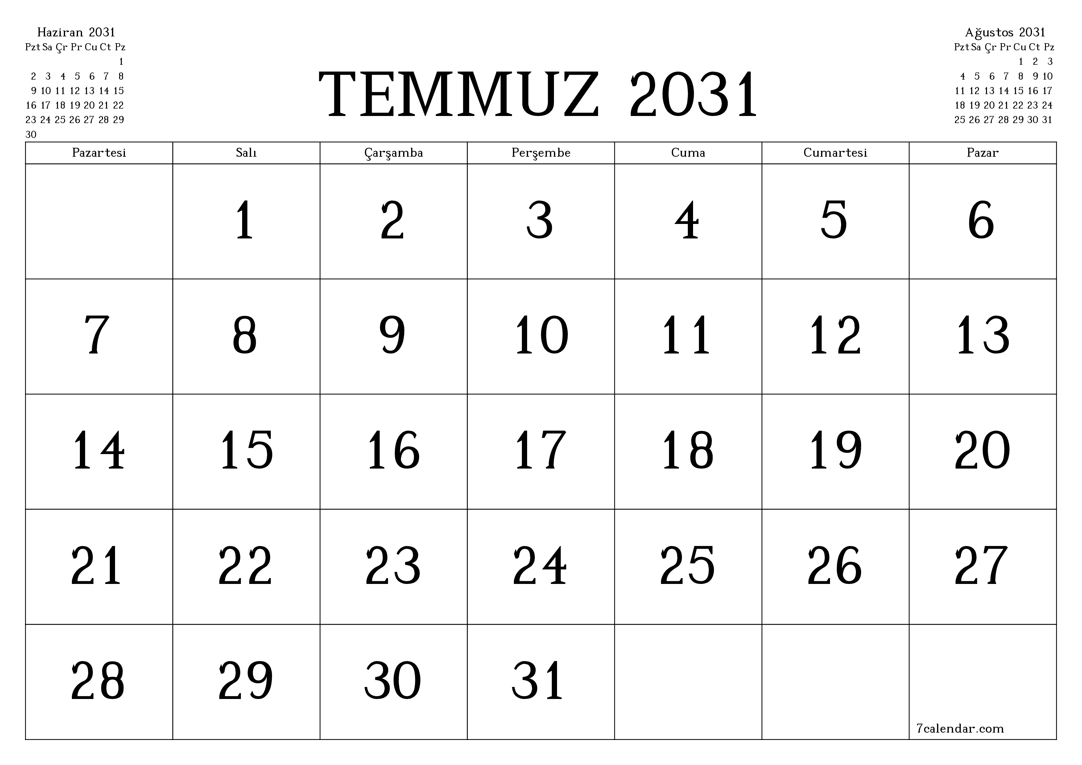 Temmuz 2031 ayı için notlarla birlikte boş aylık planlayıcı, kaydedin ve PDF'ye yazdırın PNG Turkish