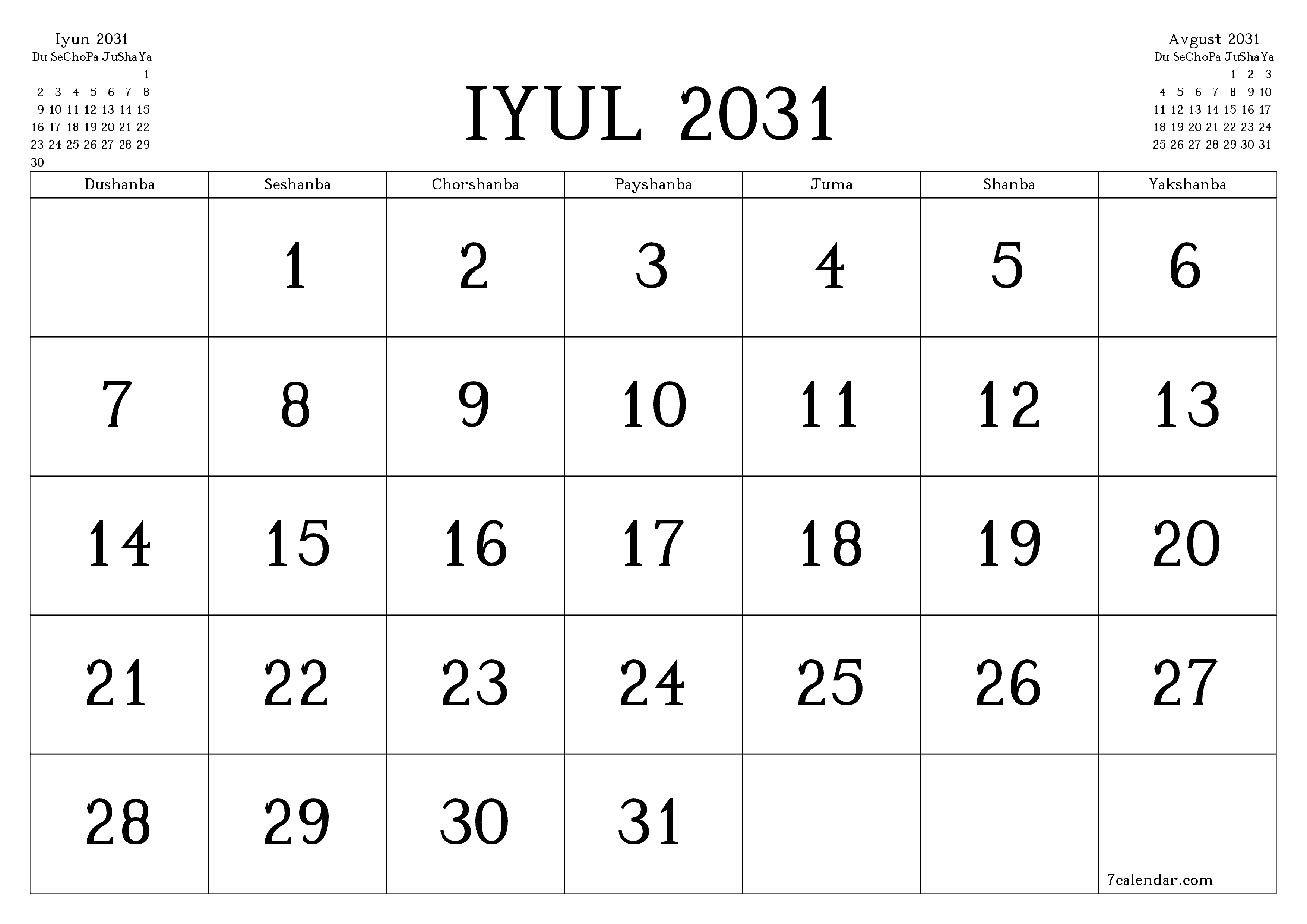 Iyul 2031 oylik oylik rejalashtiruvchini yozuvlar bilan bo'shatish, saqlash va PDF-ga chop etish PNG Uzbek