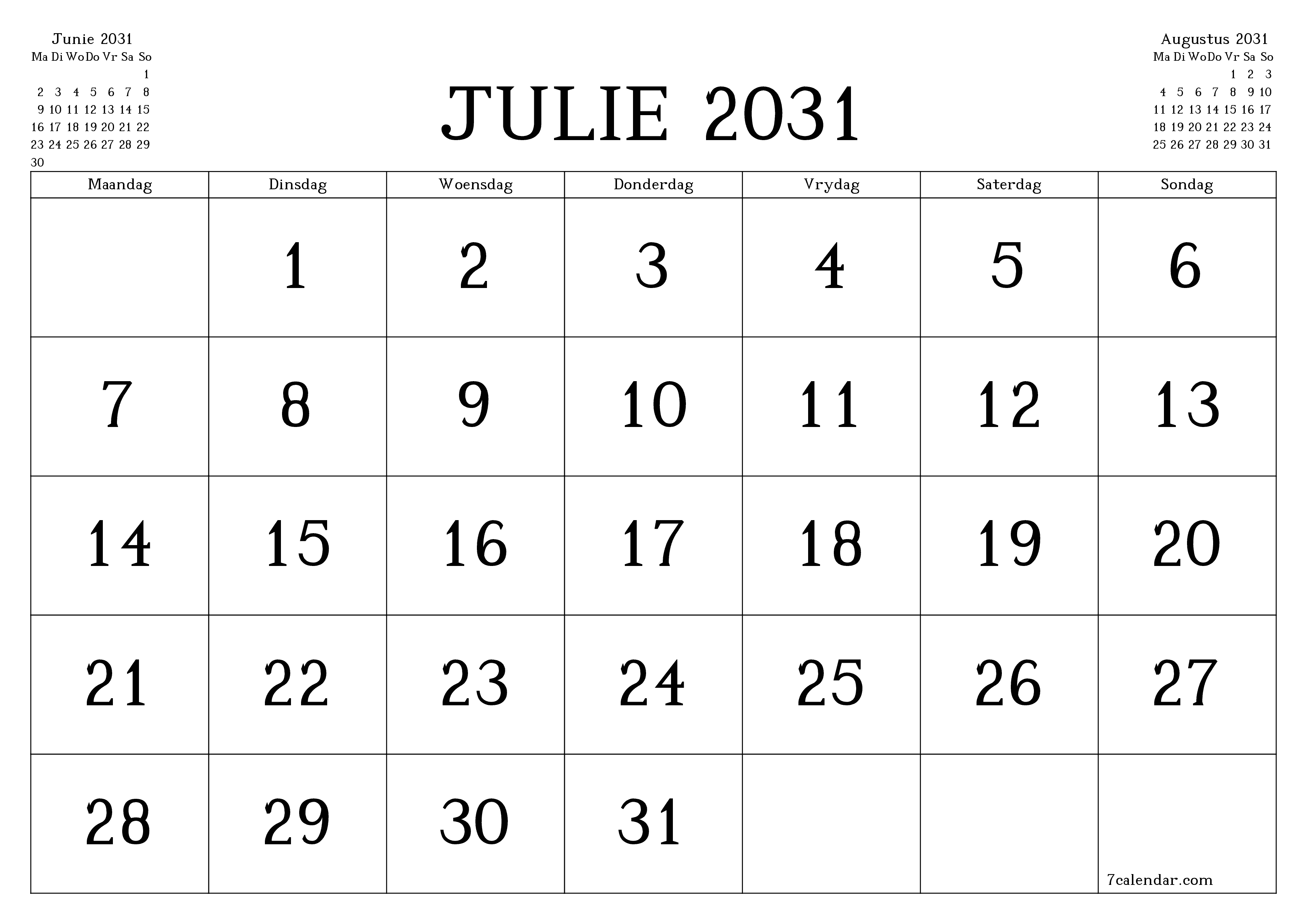 Leë maandelikse drukbare kalender en beplanner vir maand Julie 2031 met notas stoor en druk na PDF PNG Afrikaans