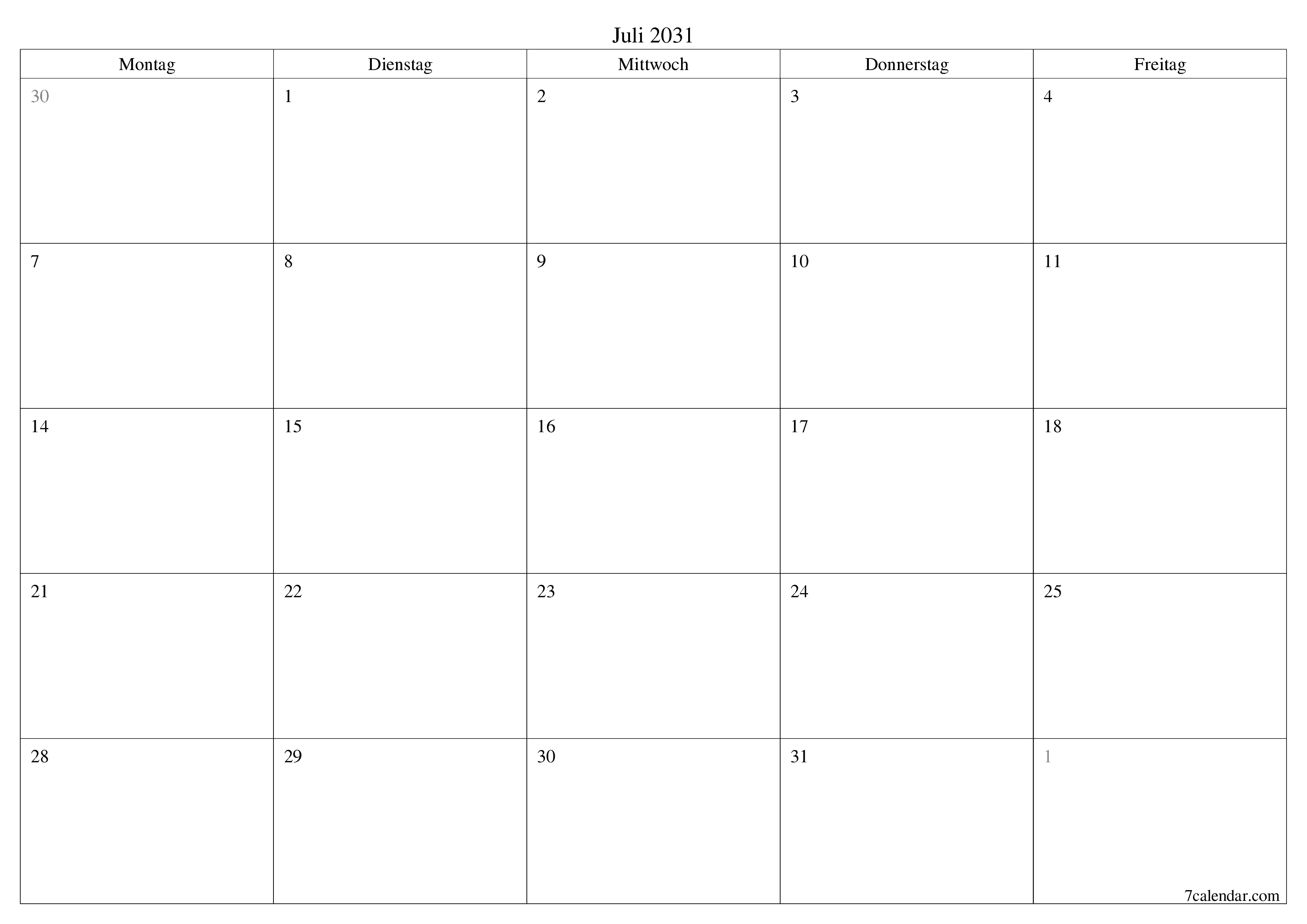 Monatsplaner für Monat Juli 2031 mit Notizen leeren, speichern und als PDF PNG German - 7calendar.com drucken