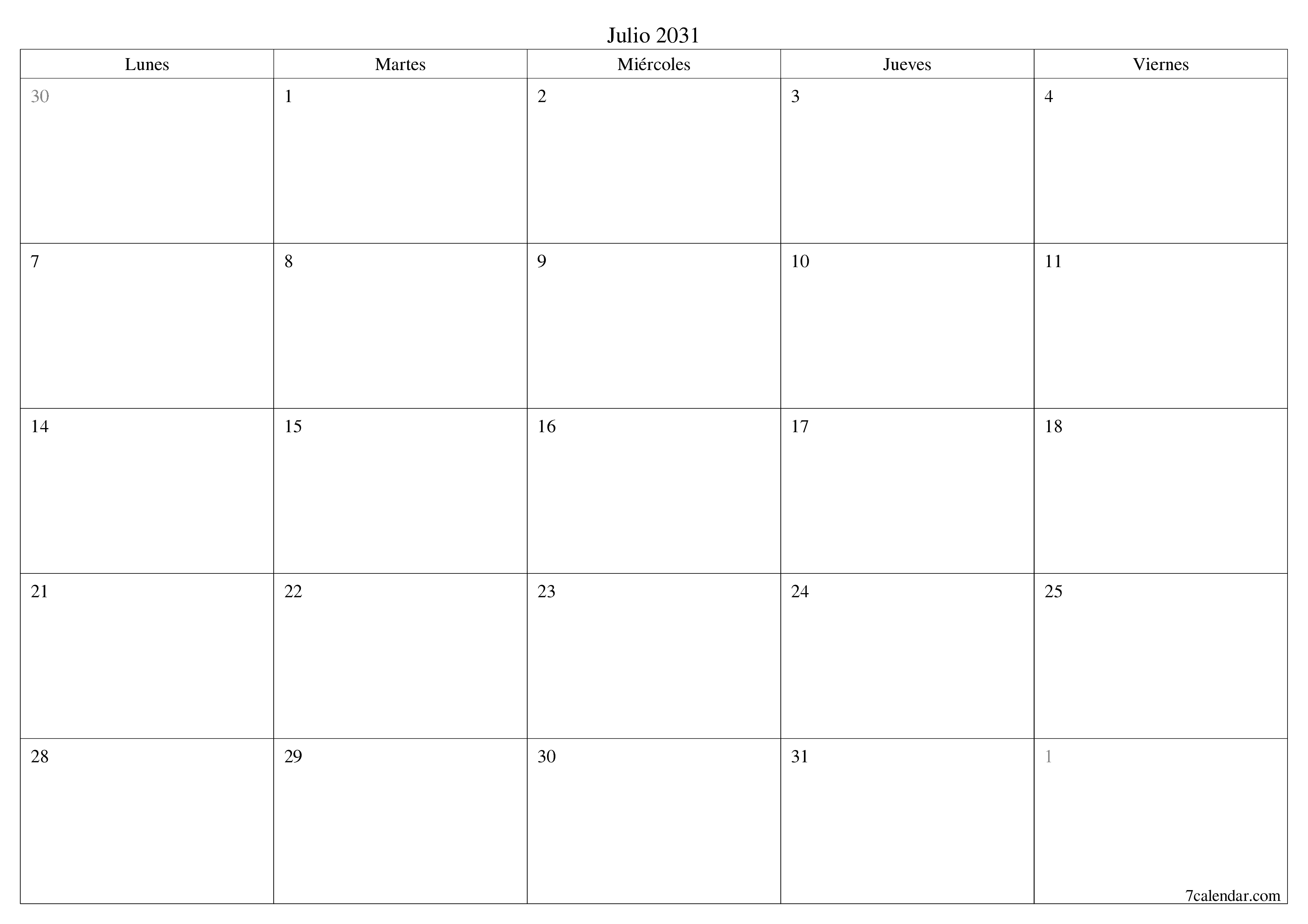 Planificador mensual vacío para el mes Julio 2031 con notas, guardar e imprimir en PDF PNG Spanish