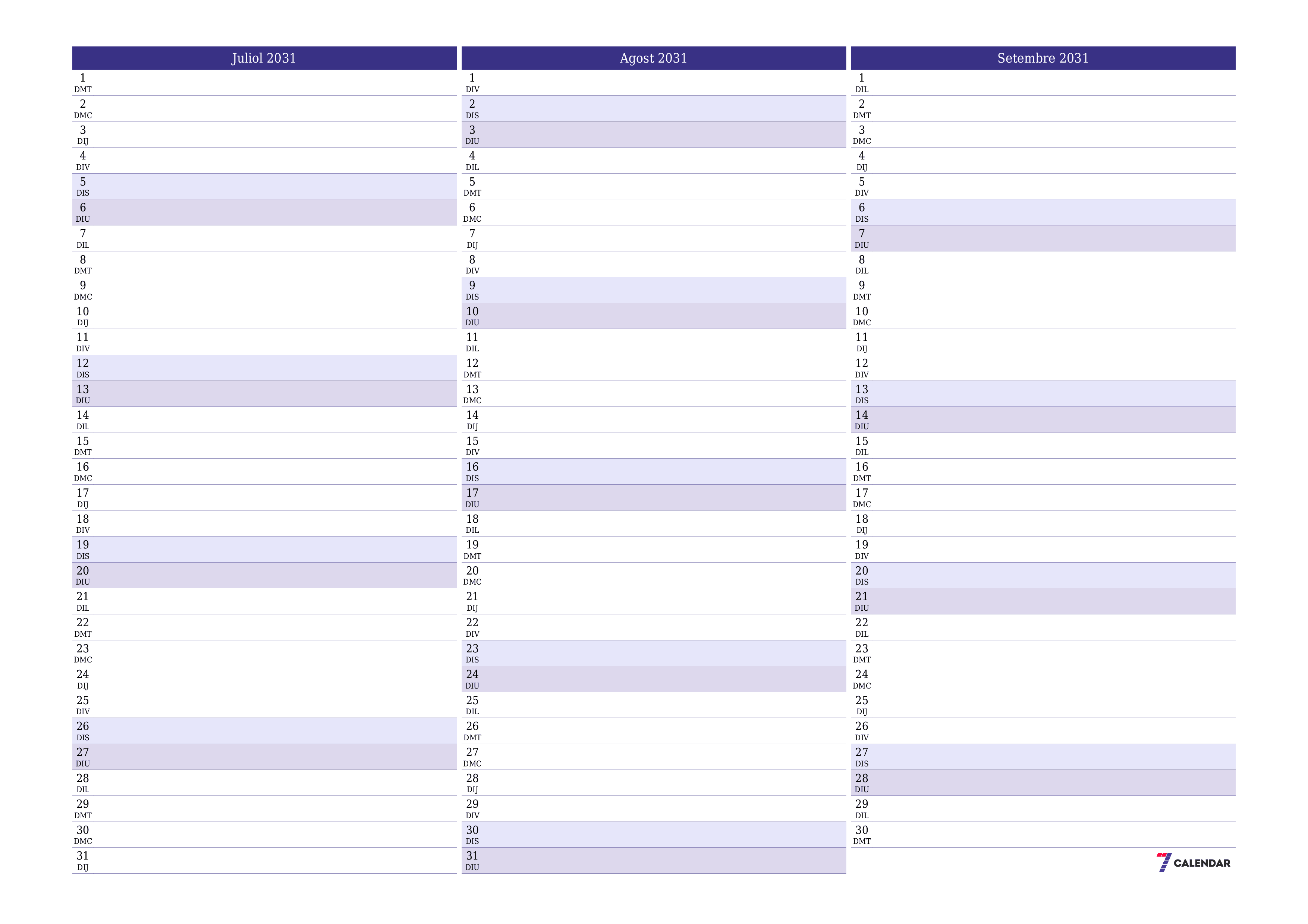 Planificador mensual buit del mes Juliol 2031 amb notes, deseu-lo i imprimiu-lo en format PDF PNG Catalan