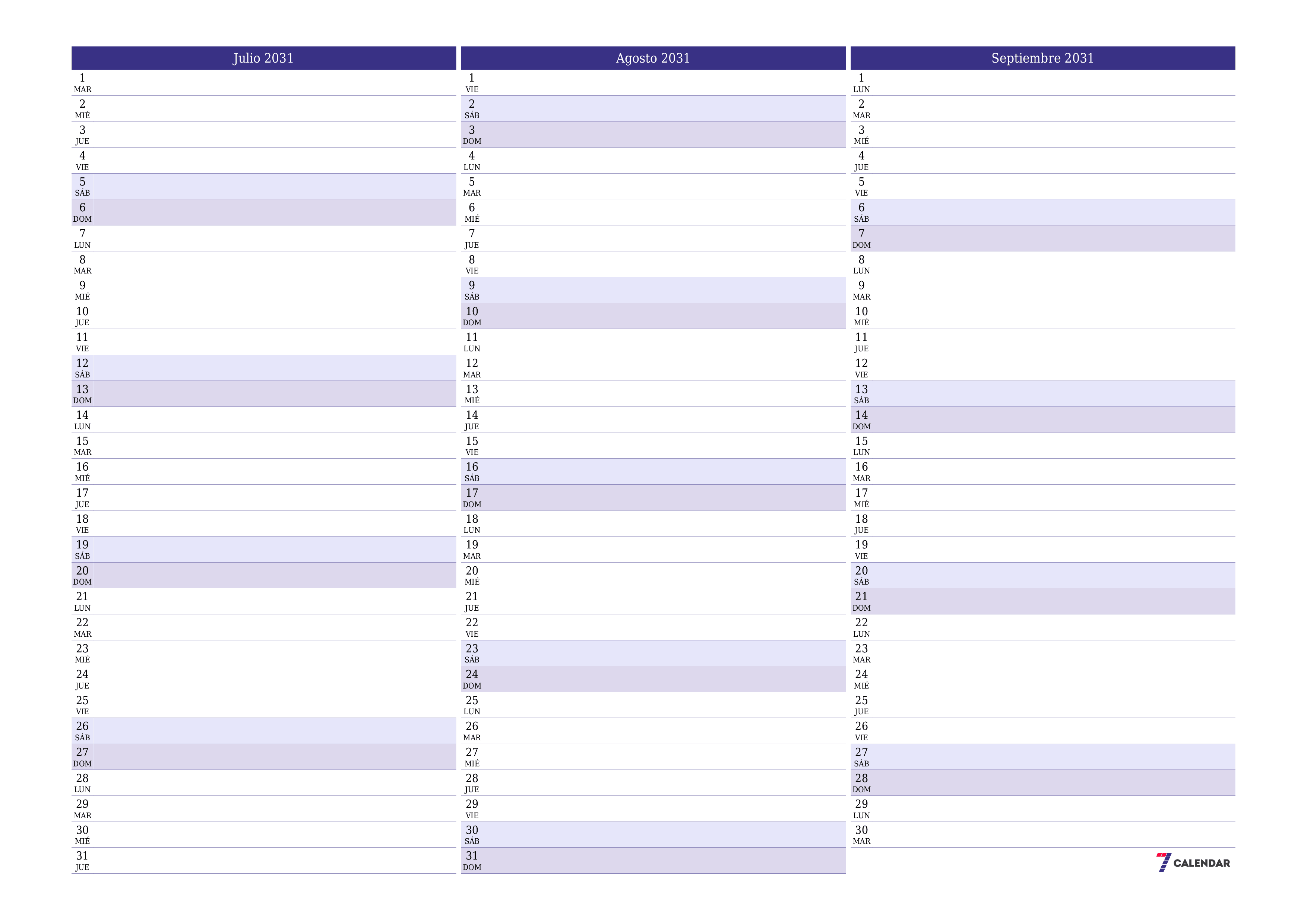 Planificador mensual vacío para el mes Julio 2031 con notas, guardar e imprimir en PDF PNG Spanish
