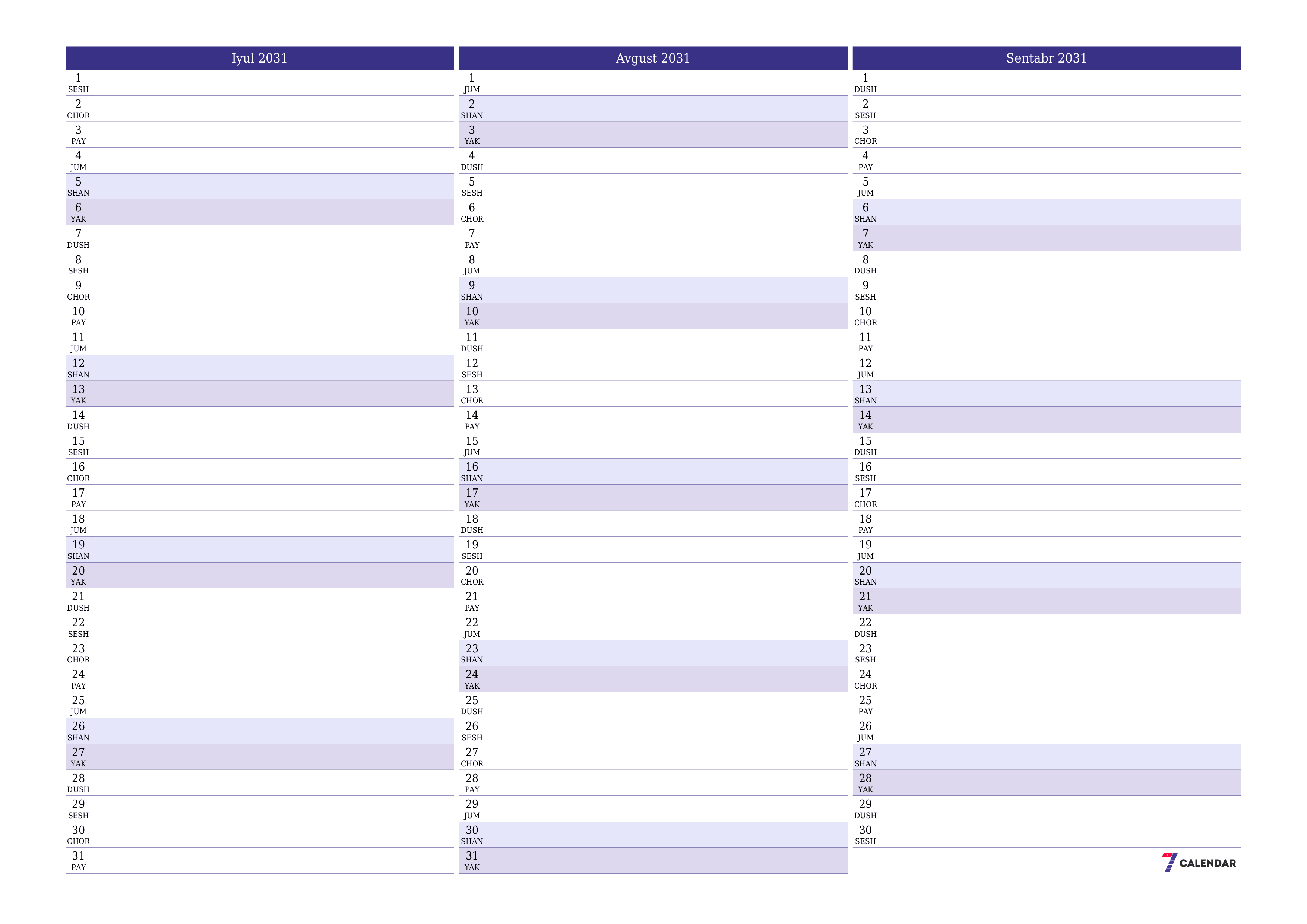 Iyul 2031 oylik oylik rejalashtiruvchini yozuvlar bilan bo'shatish, saqlash va PDF-ga chop etish PNG Uzbek