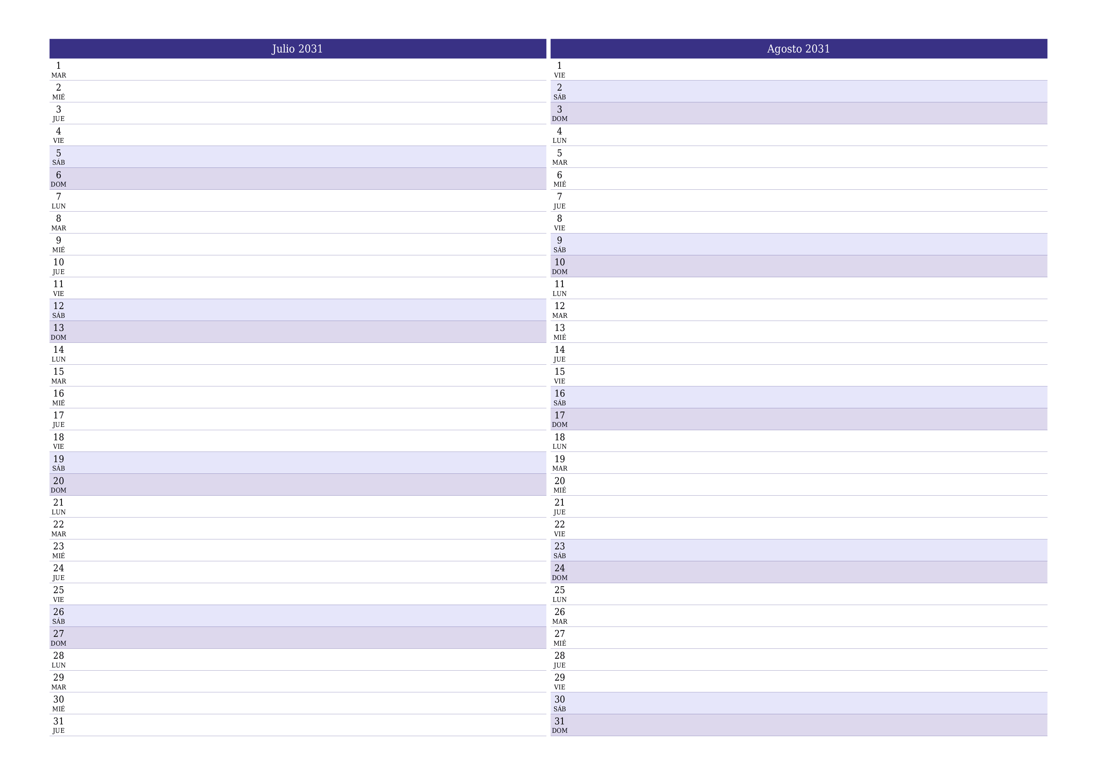 Planificador mensual vacío para el mes Julio 2031 con notas, guardar e imprimir en PDF PNG Spanish