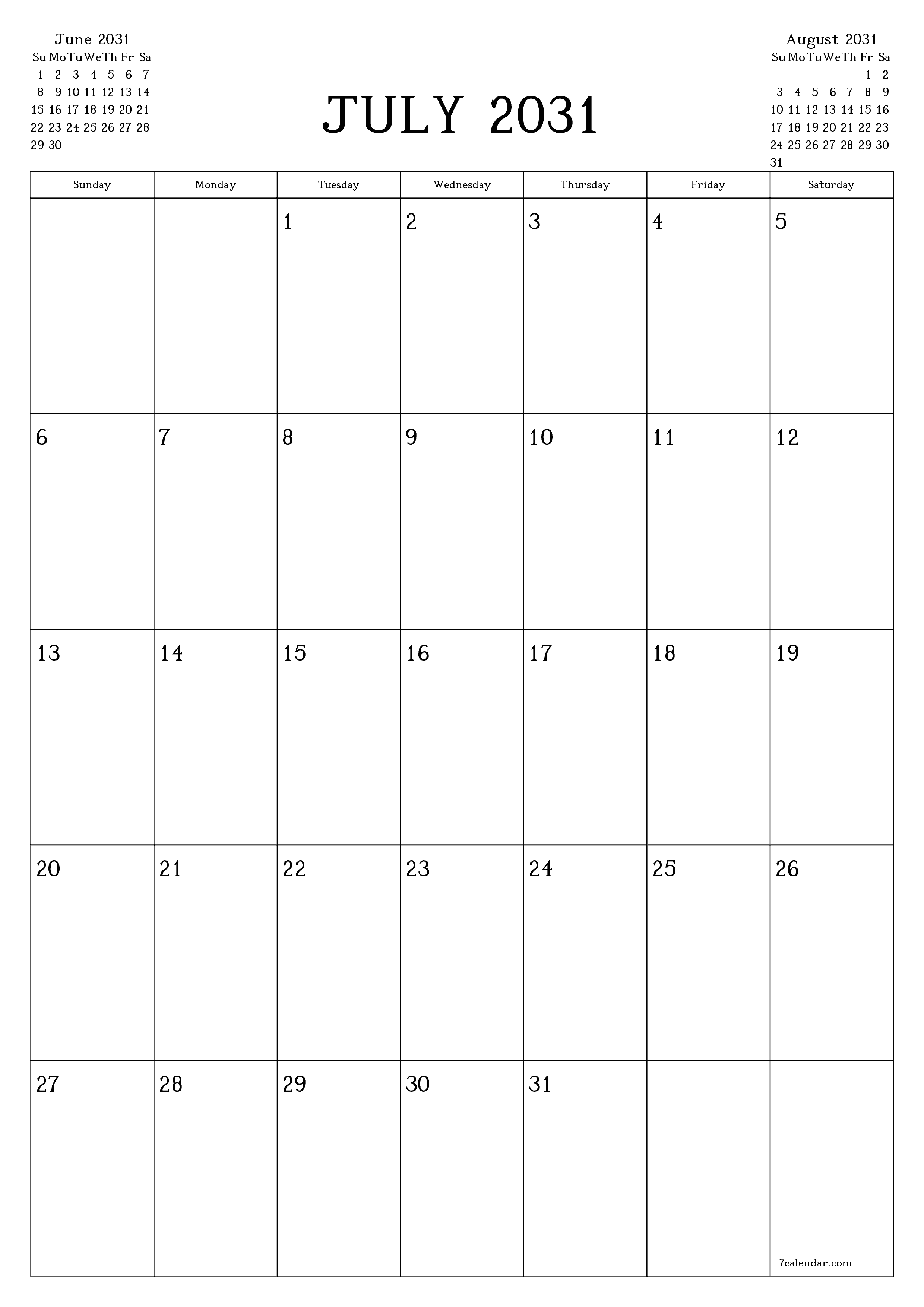 printable wall template free vertical Monthly planner calendar July (Jul) 2031