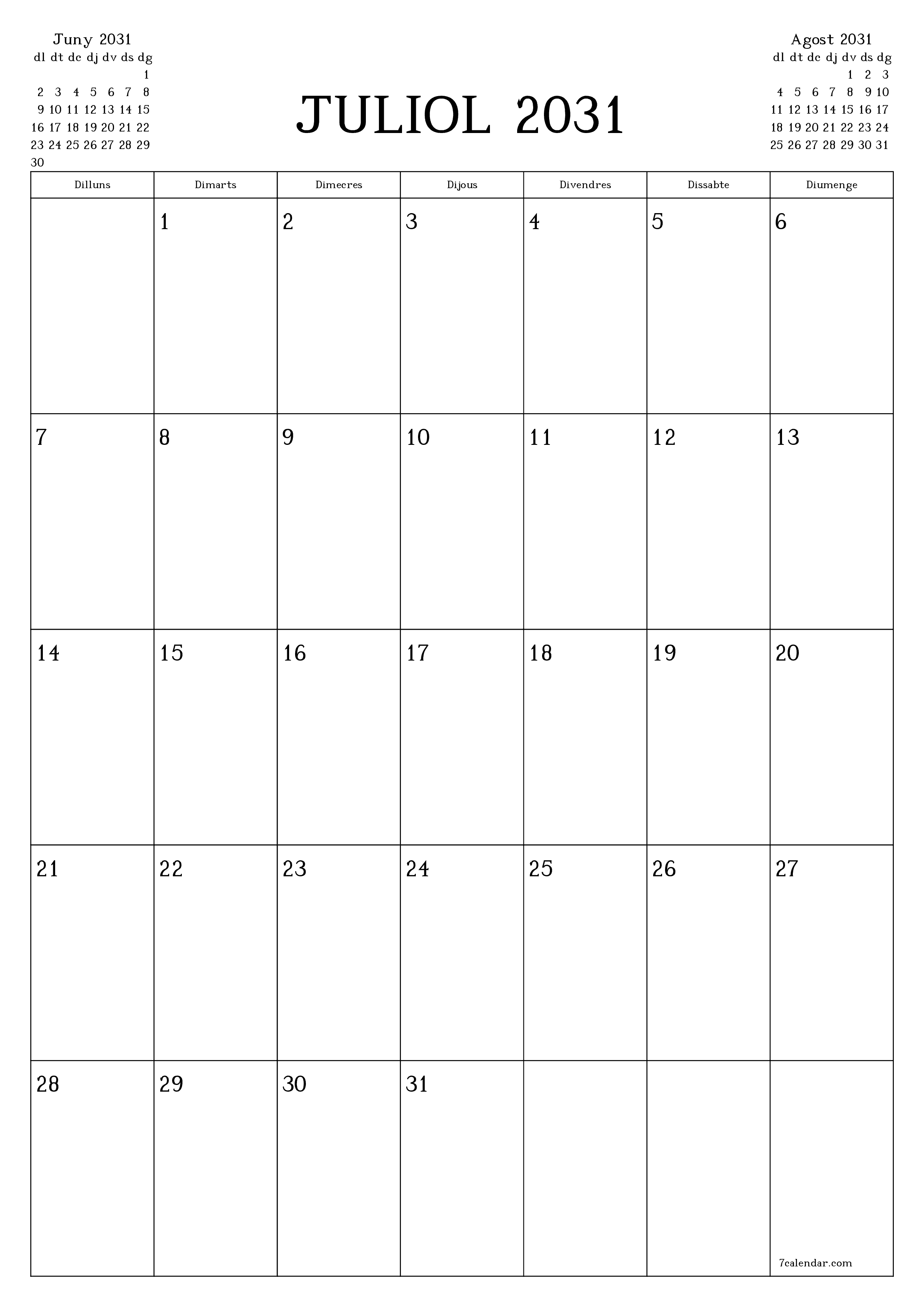  imprimible de paret plantilla de gratuïtvertical Mensual planificador calendari Juliol (Jul) 2031