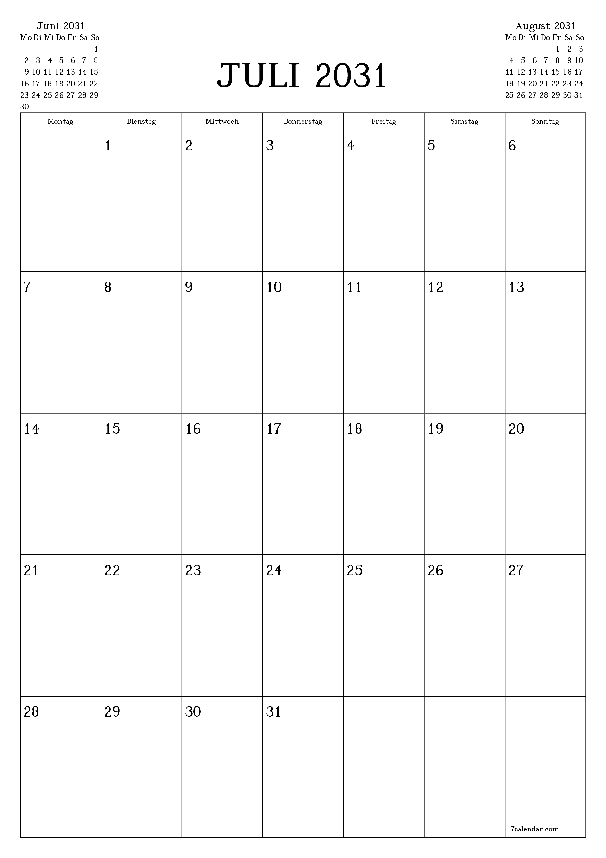  zum Ausdrucken Wandkalender vorlage kostenloser vertikal Monatlich Planer Kalender Juli (Jul) 2031