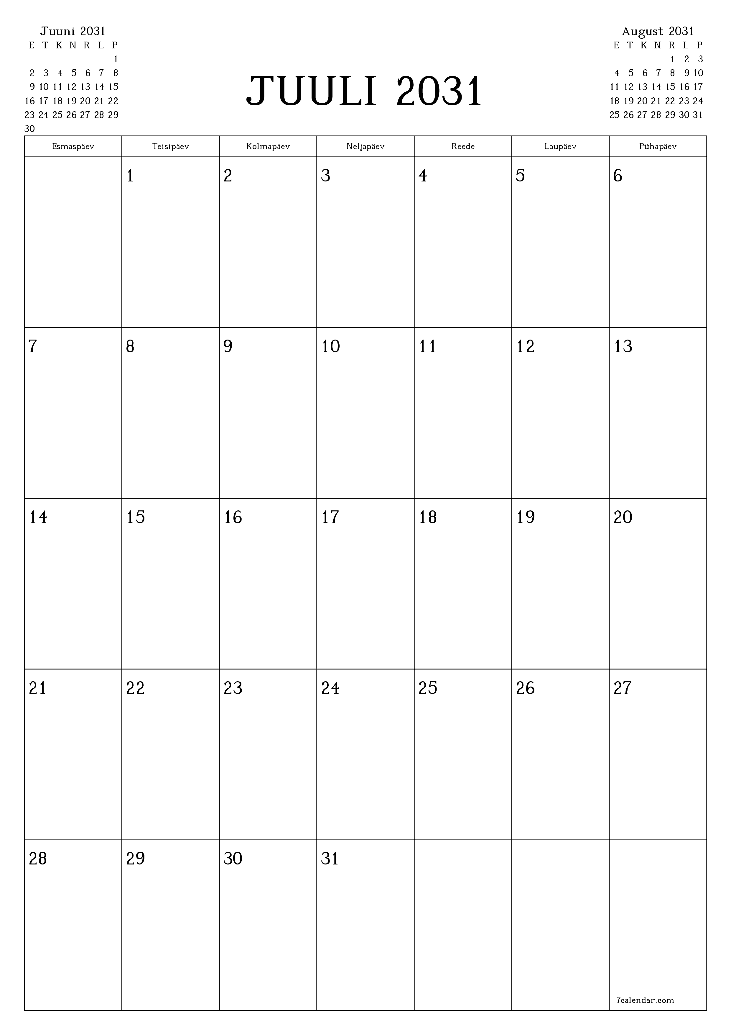 prinditav seina kalendri mall tasuta vertikaalne Igakuine planeerija kalender Juuli (Juuli) 2031
