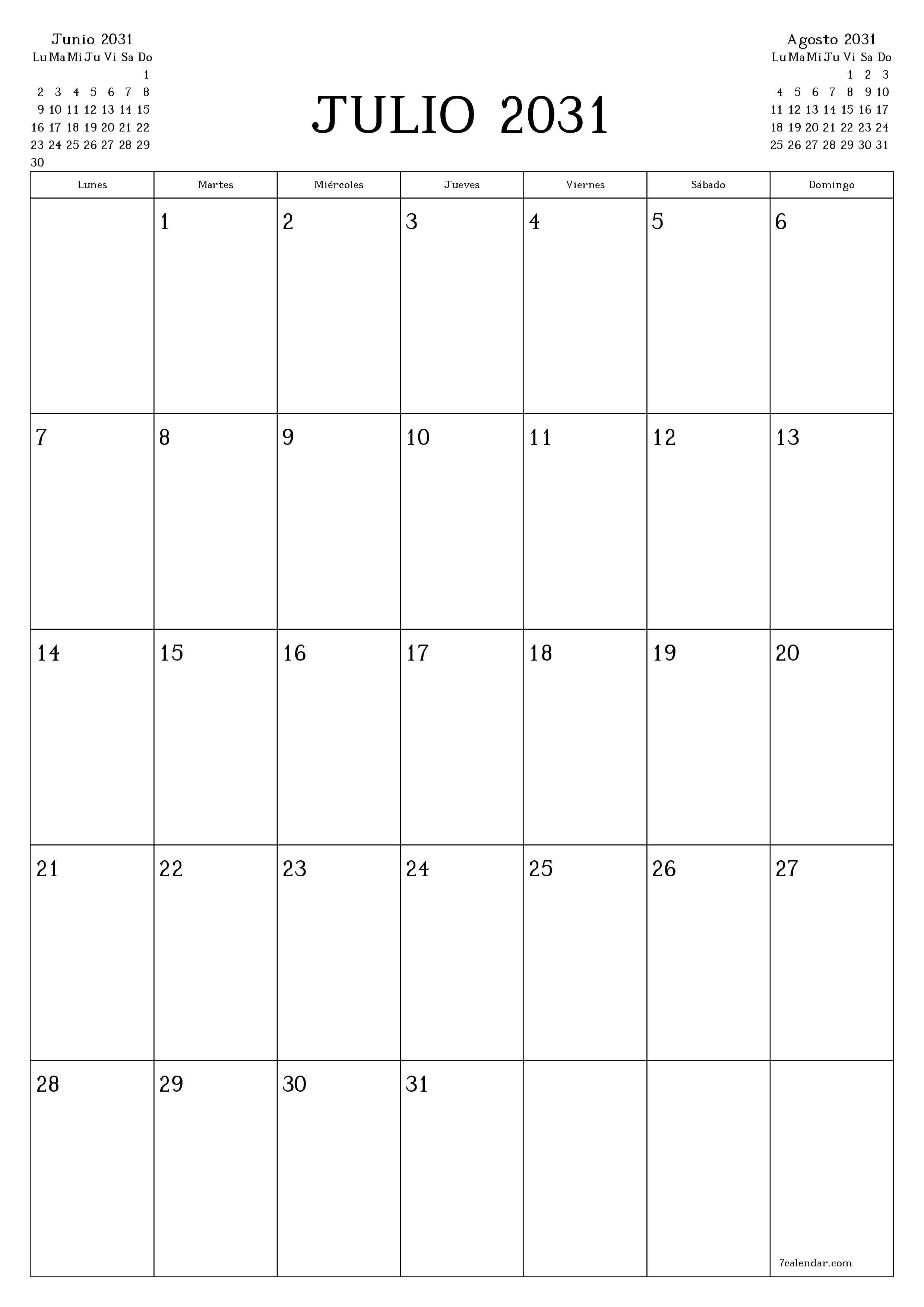  imprimible de pared plantilla de gratisvertical Mensual planificador calendario Julio (Jul) 2031