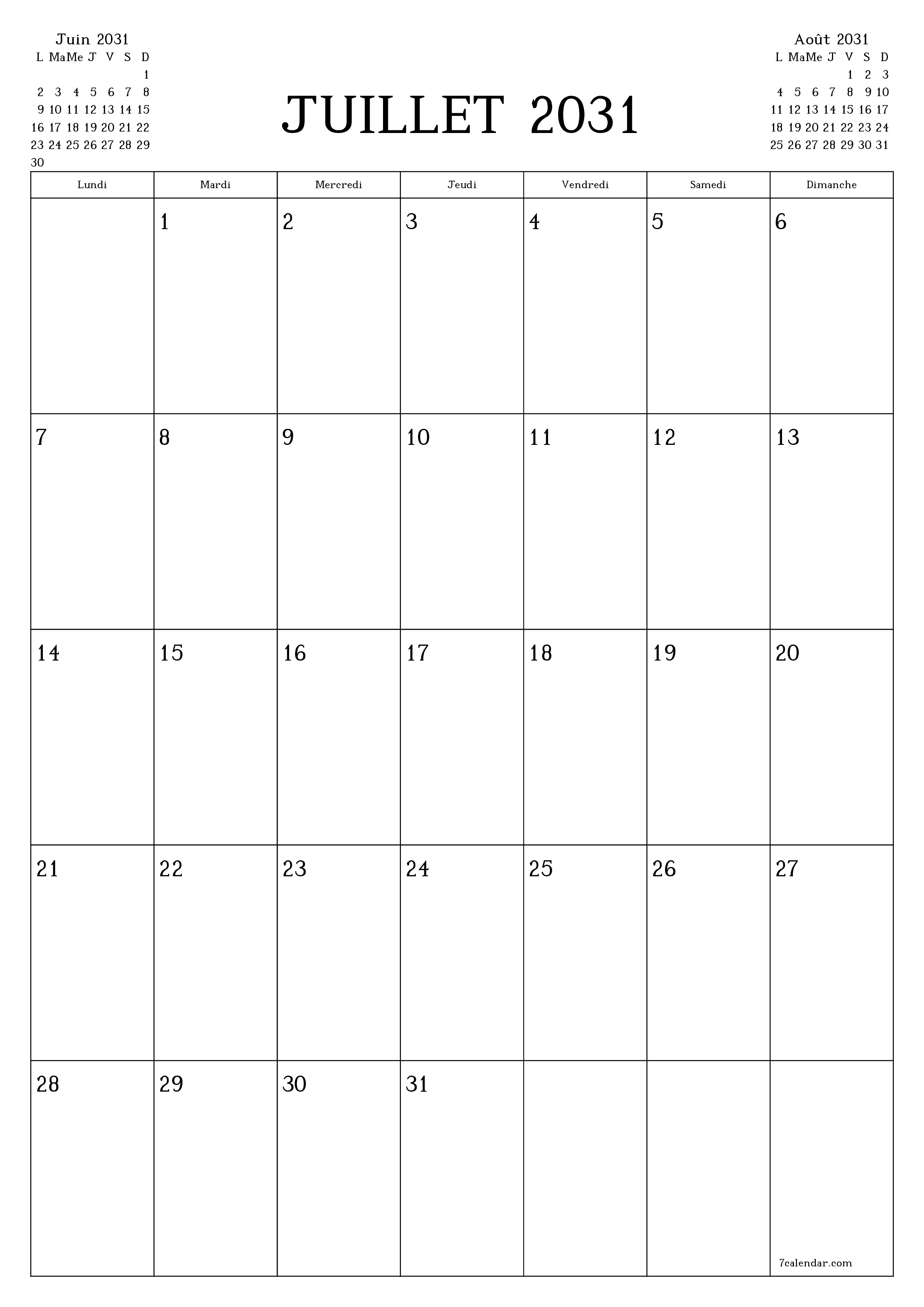  imprimable mural modèle de gratuitverticale Mensuel planificateur calendrier Juillet (Jul) 2031