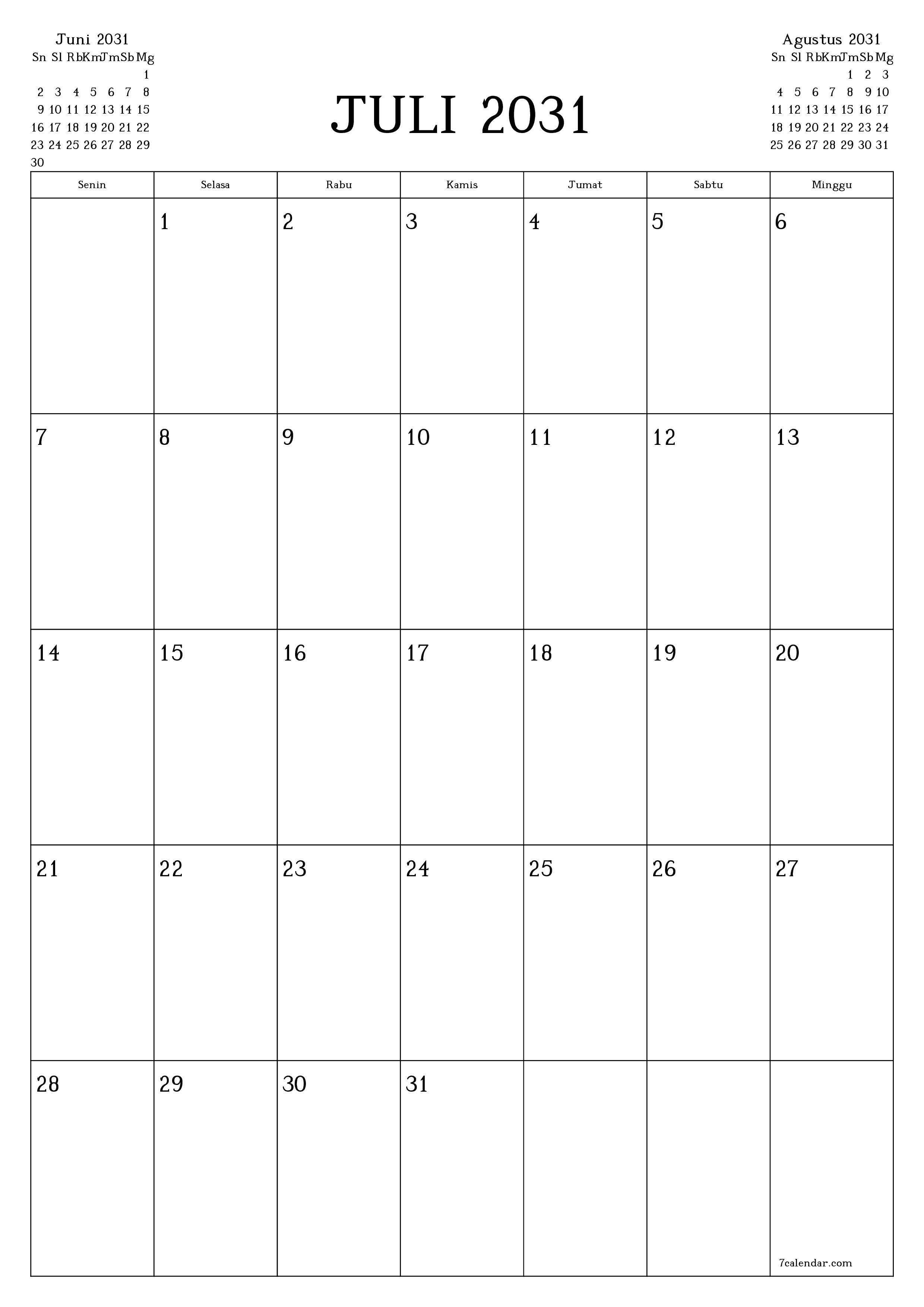  yang dapat dicetak dinding templat gratisvertikal Bulanan perencana kalender Juli (Jul) 2031
