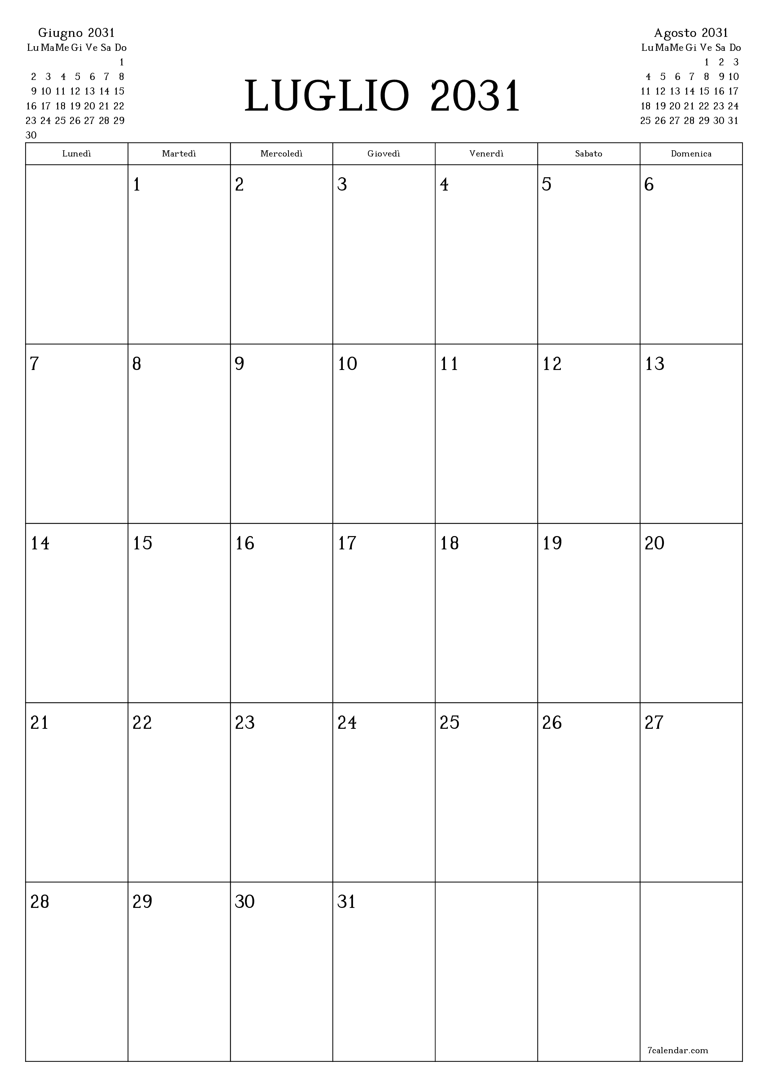  stampabile da parete modello di gratuitoverticale Mensile pianificatore calendario Luglio (Lug) 2031
