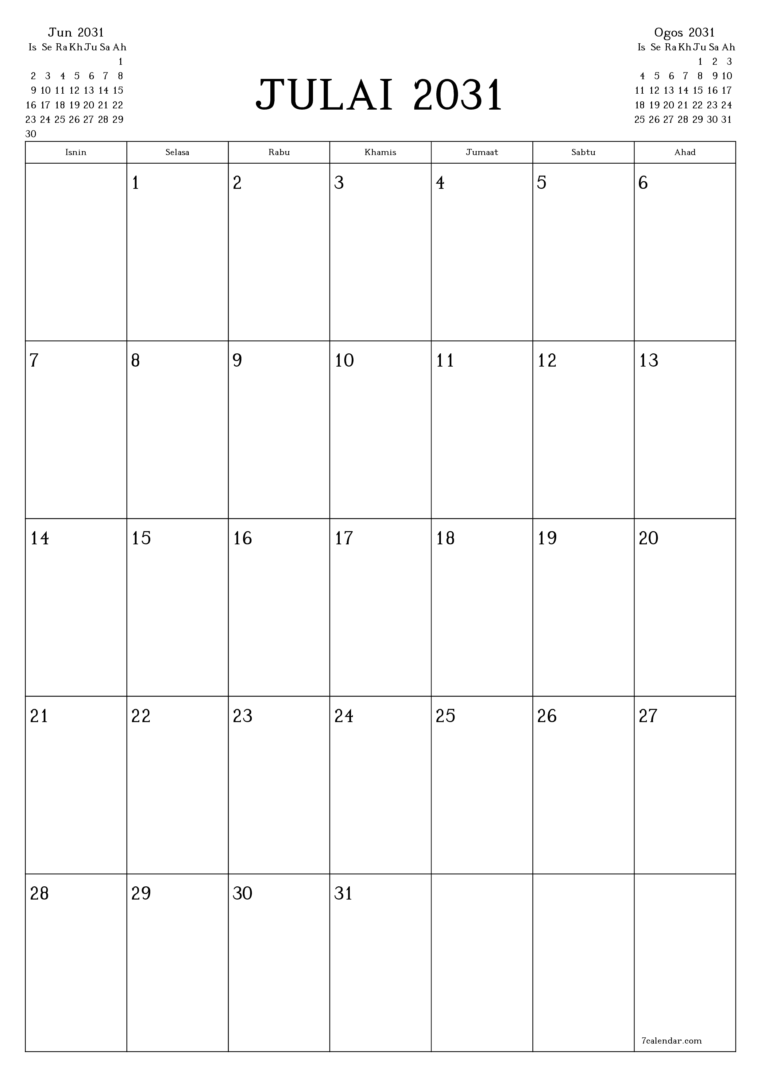  boleh cetak dinding templat percumamenegak Bulanan perancang kalendar Julai (Jul) 2031