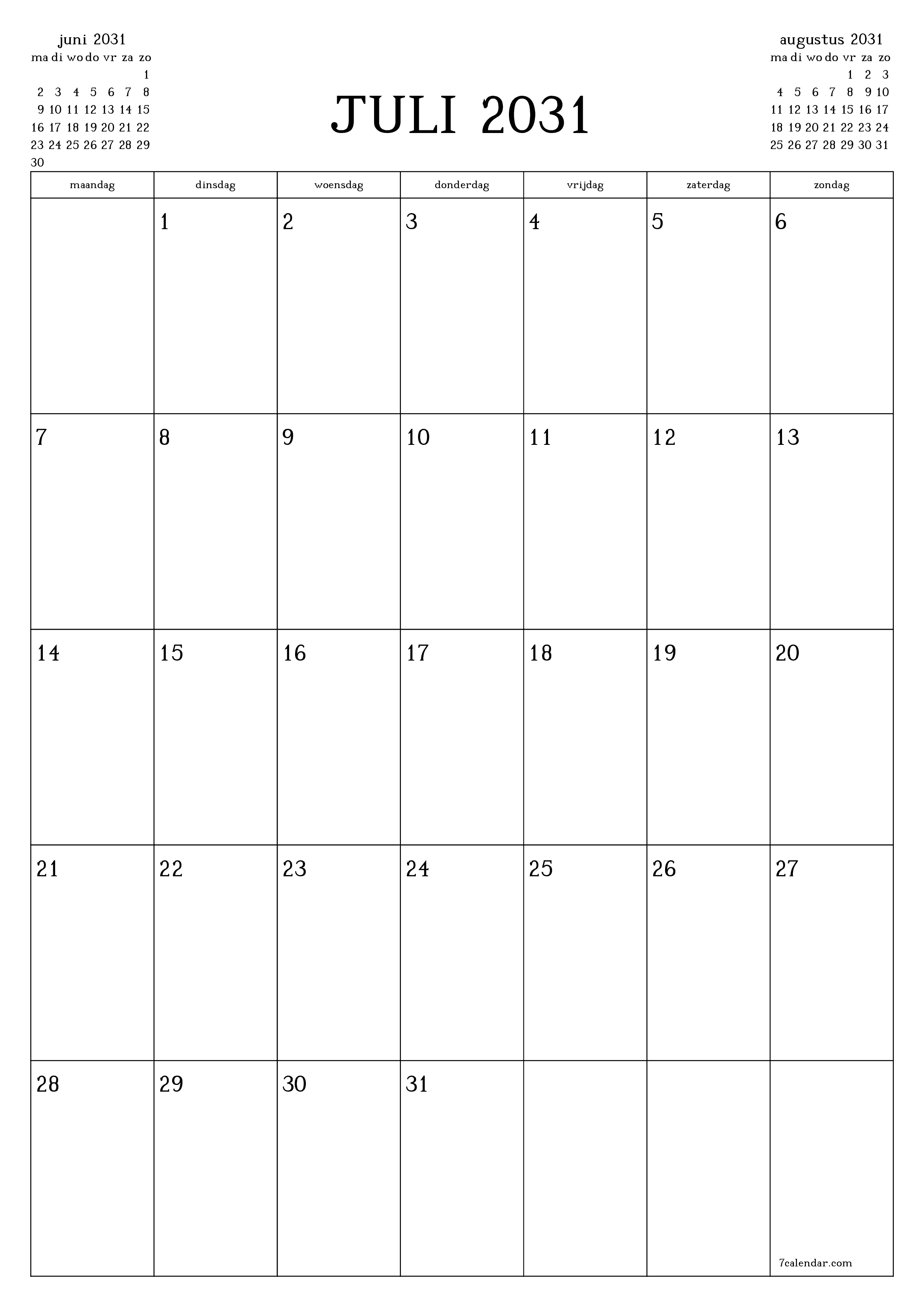 afdrukbare muur sjabloon gratis verticaal Maandelijks planner kalender juli (jul) 2031