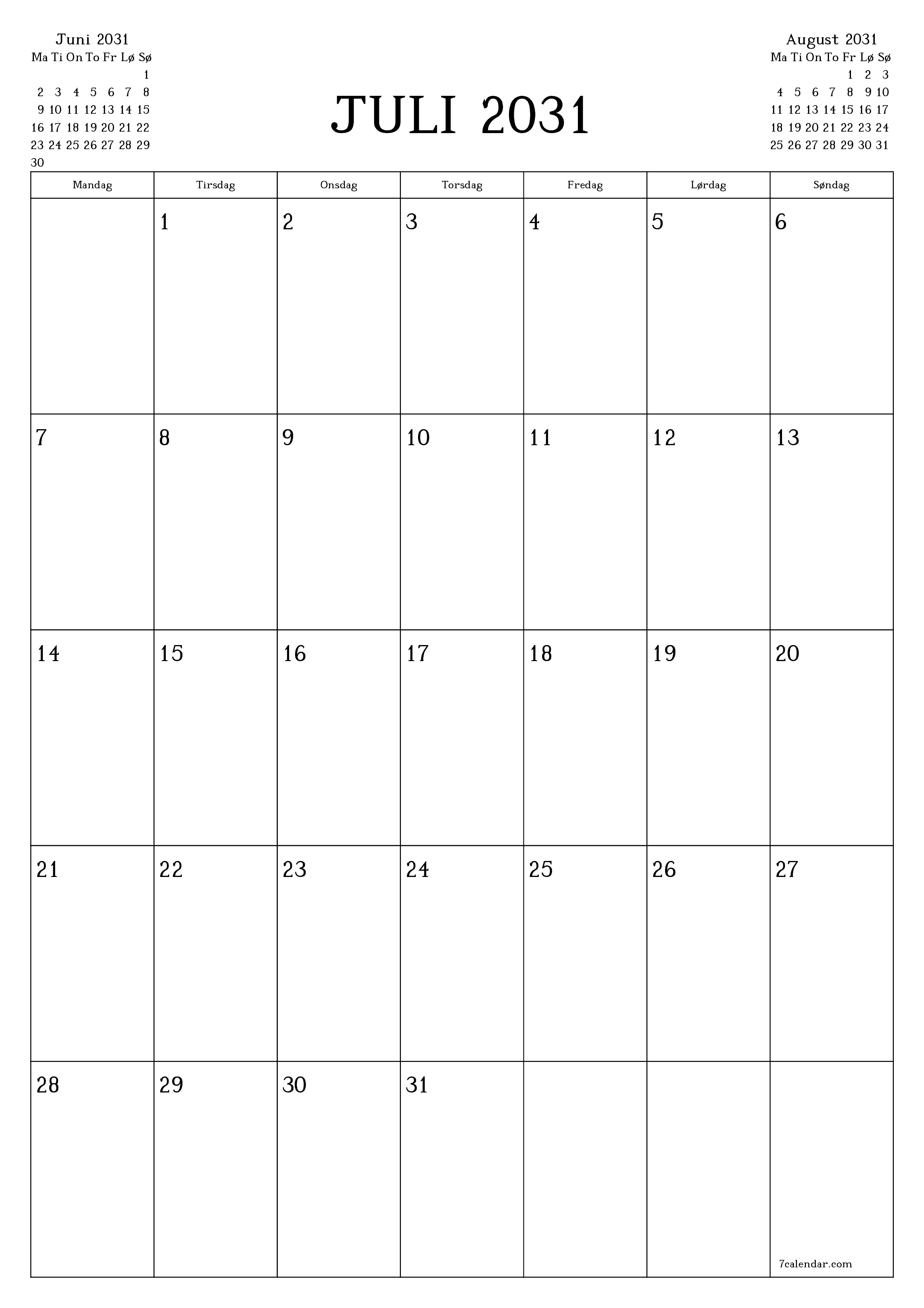utskrivbar vegg mal gratis vertikal Månedlig planlegger kalender Juli (Jul) 2031