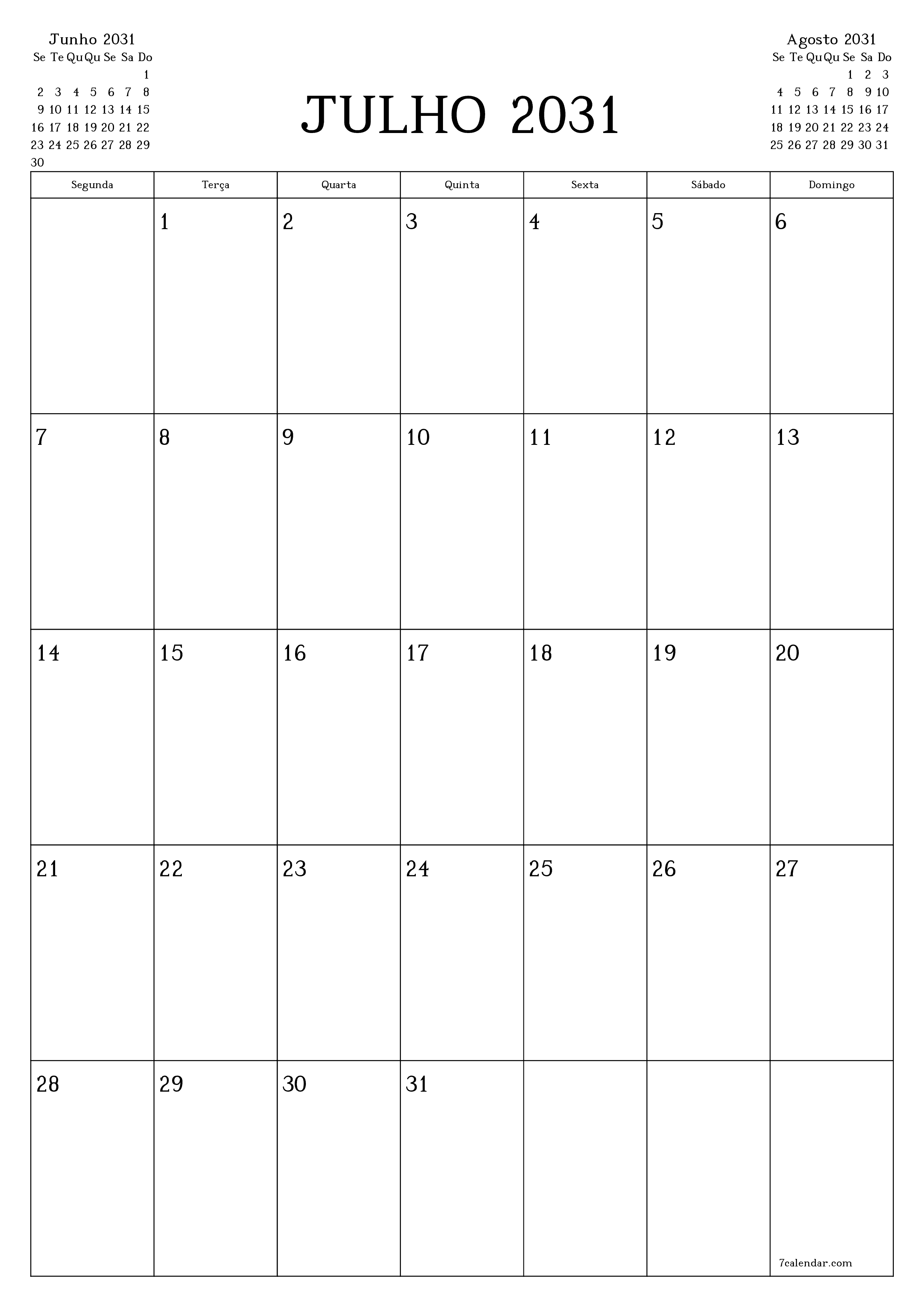  para impressão de parede modelo de grátisvertical Mensal planejador calendário Julho (Jul) 2031