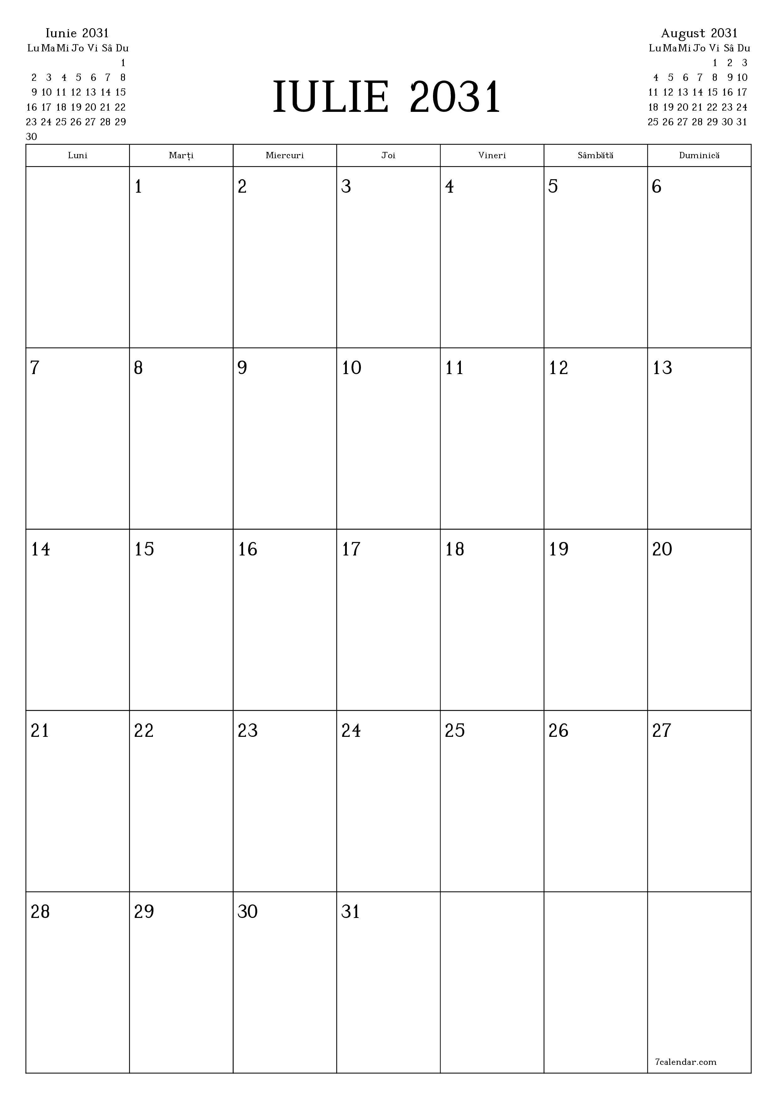  imprimabil de perete șablon de gratuitvertical Lunar planificator calendar Iulie (Iul) 2031