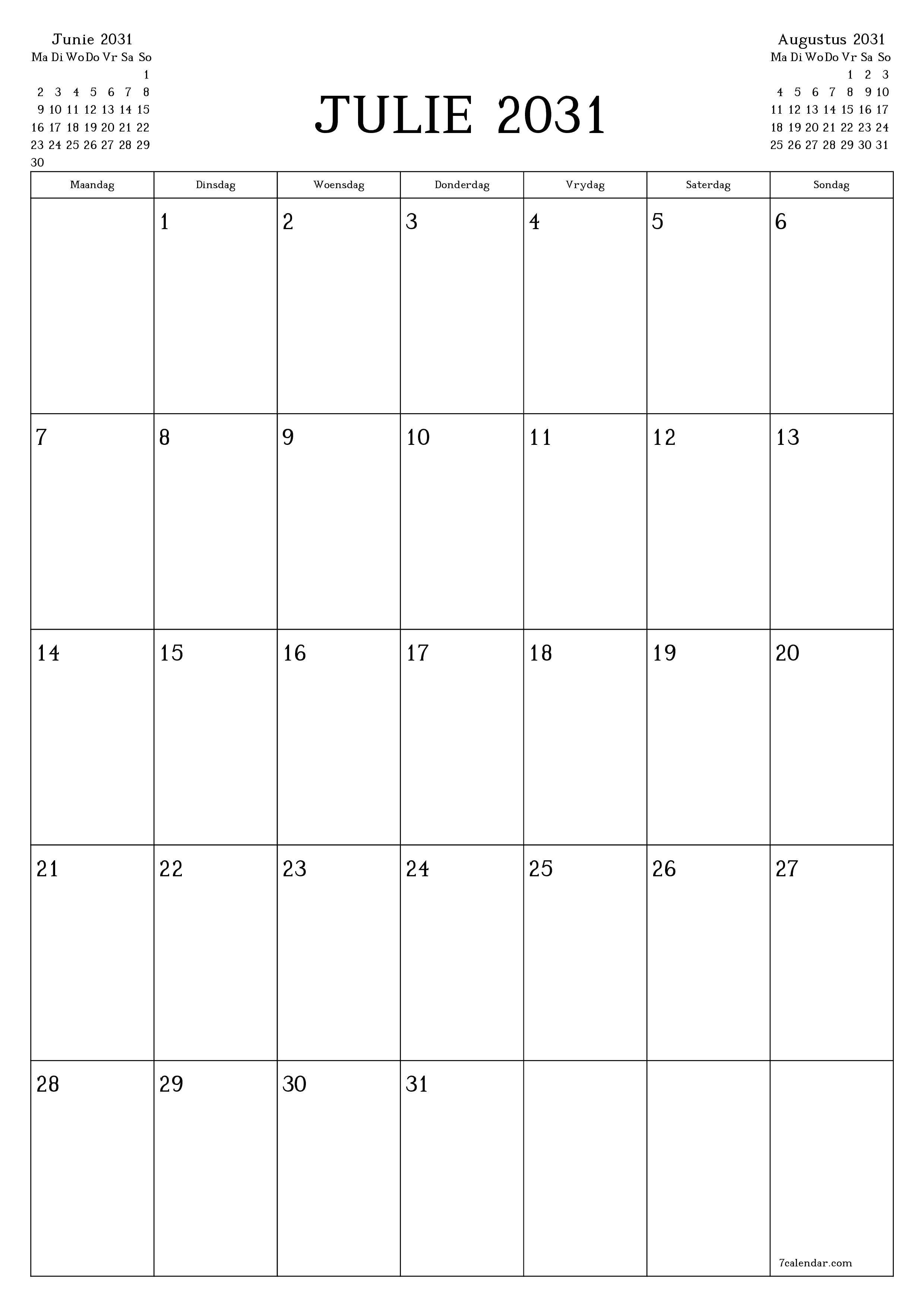 drukbare muur template gratis vertikaal Maandeliks beplanner kalender Julie (Jul) 2031