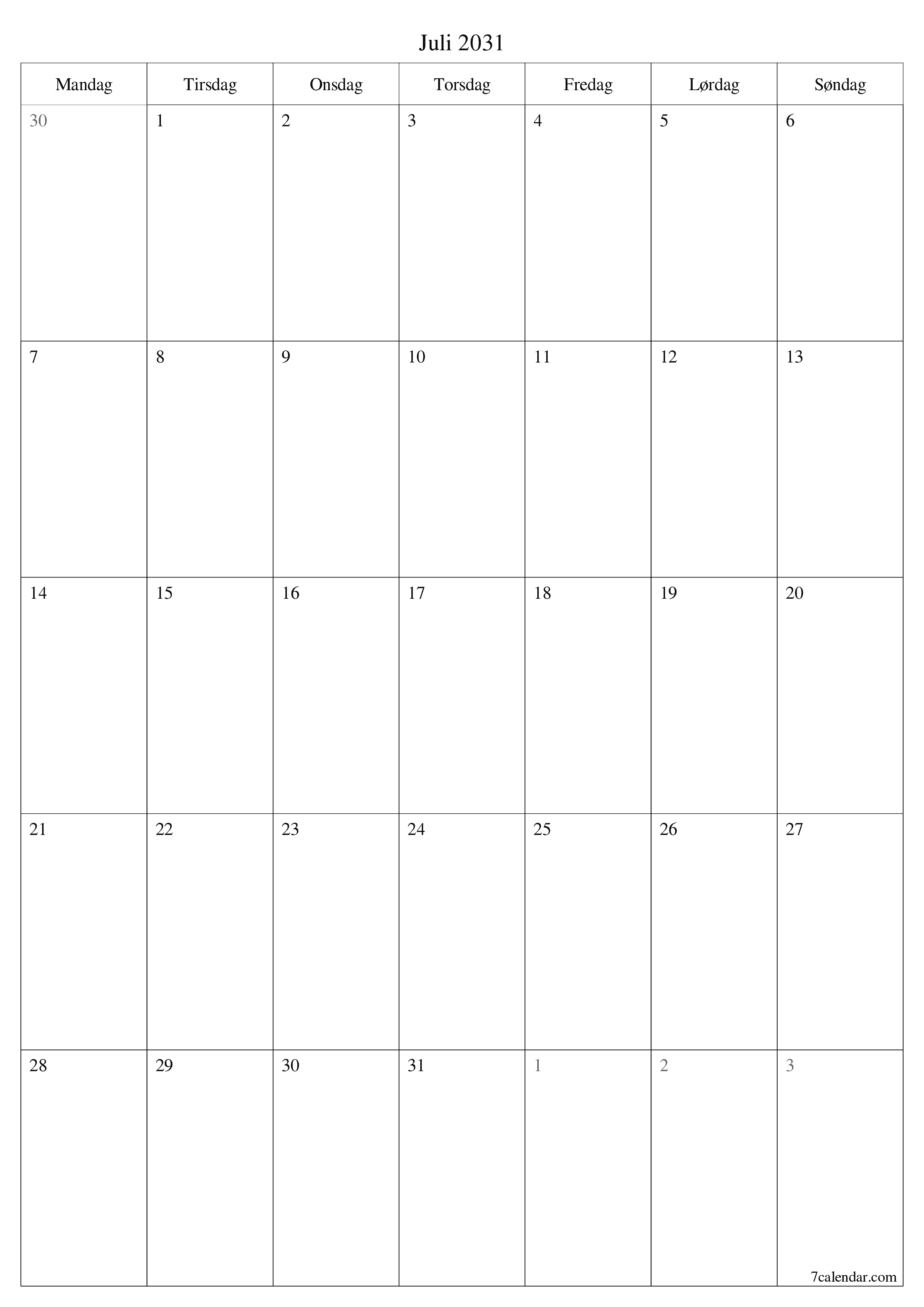 udskrivbar væg skabelon gratis lodret Månedlig planlægger kalender Juli (Jul) 2031