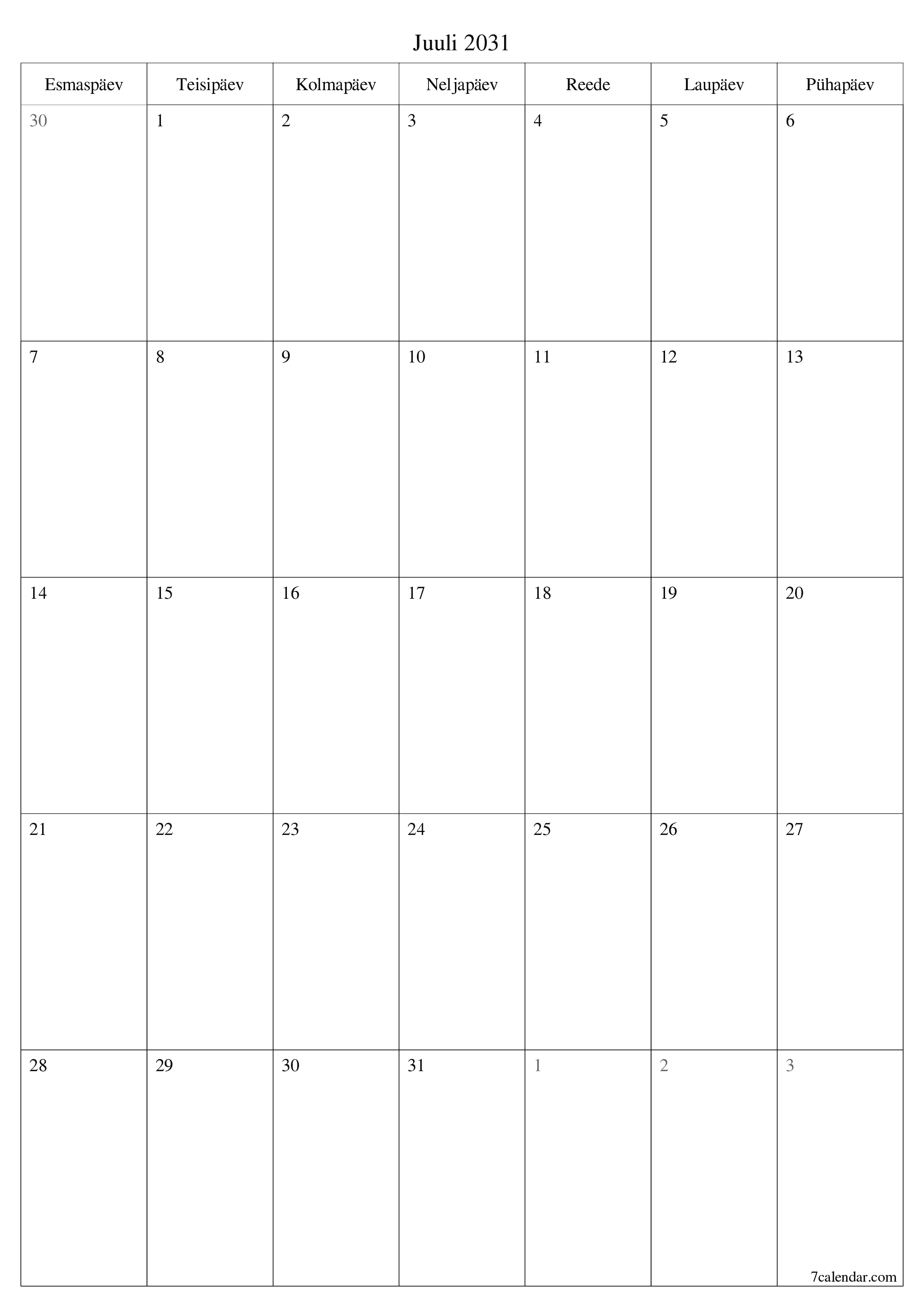 prinditav seina kalendri mall tasuta vertikaalne Igakuine planeerija kalender Juuli (Juuli) 2031
