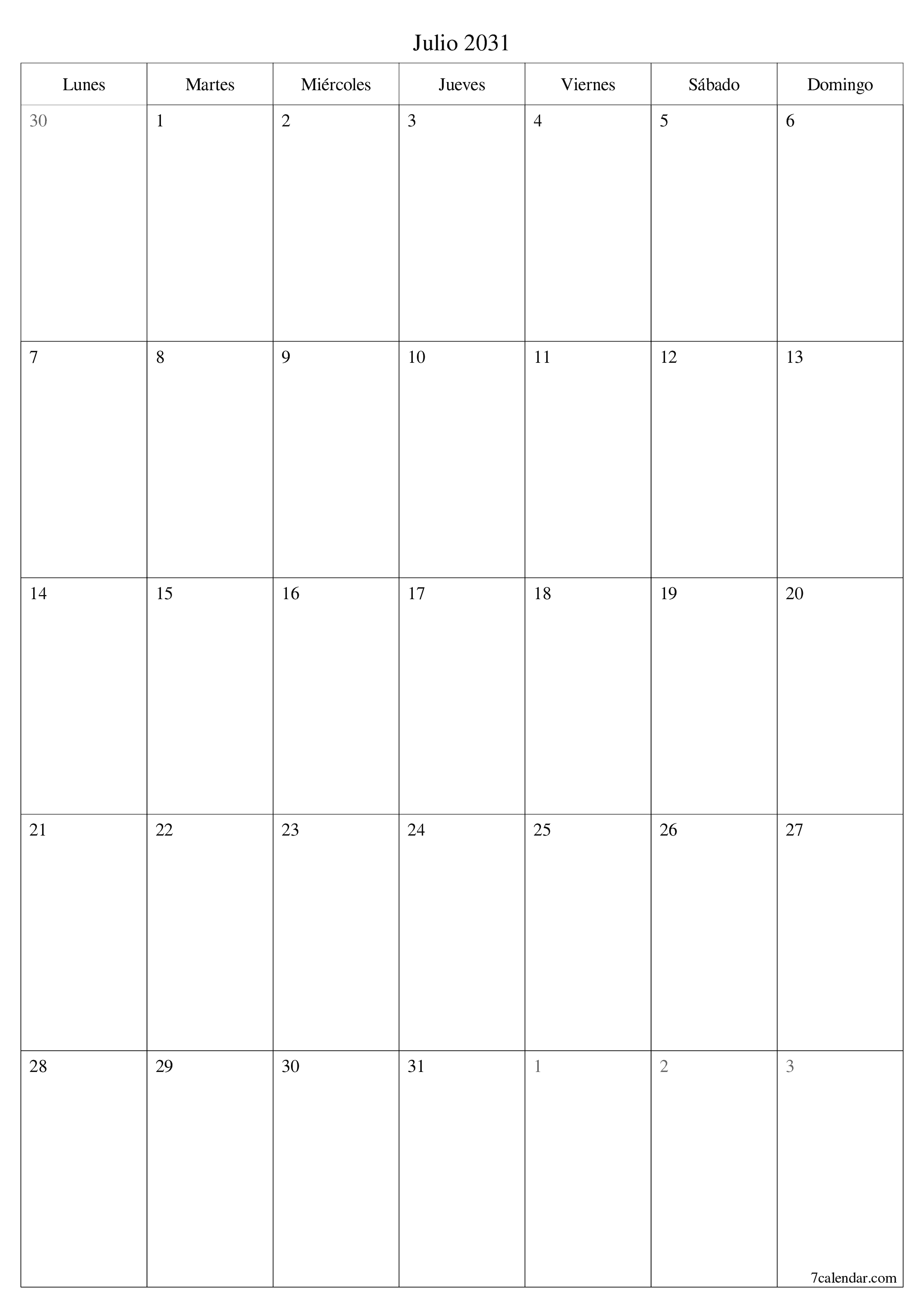  imprimible de pared plantilla de gratisvertical Mensual planificador calendario Julio (Jul) 2031