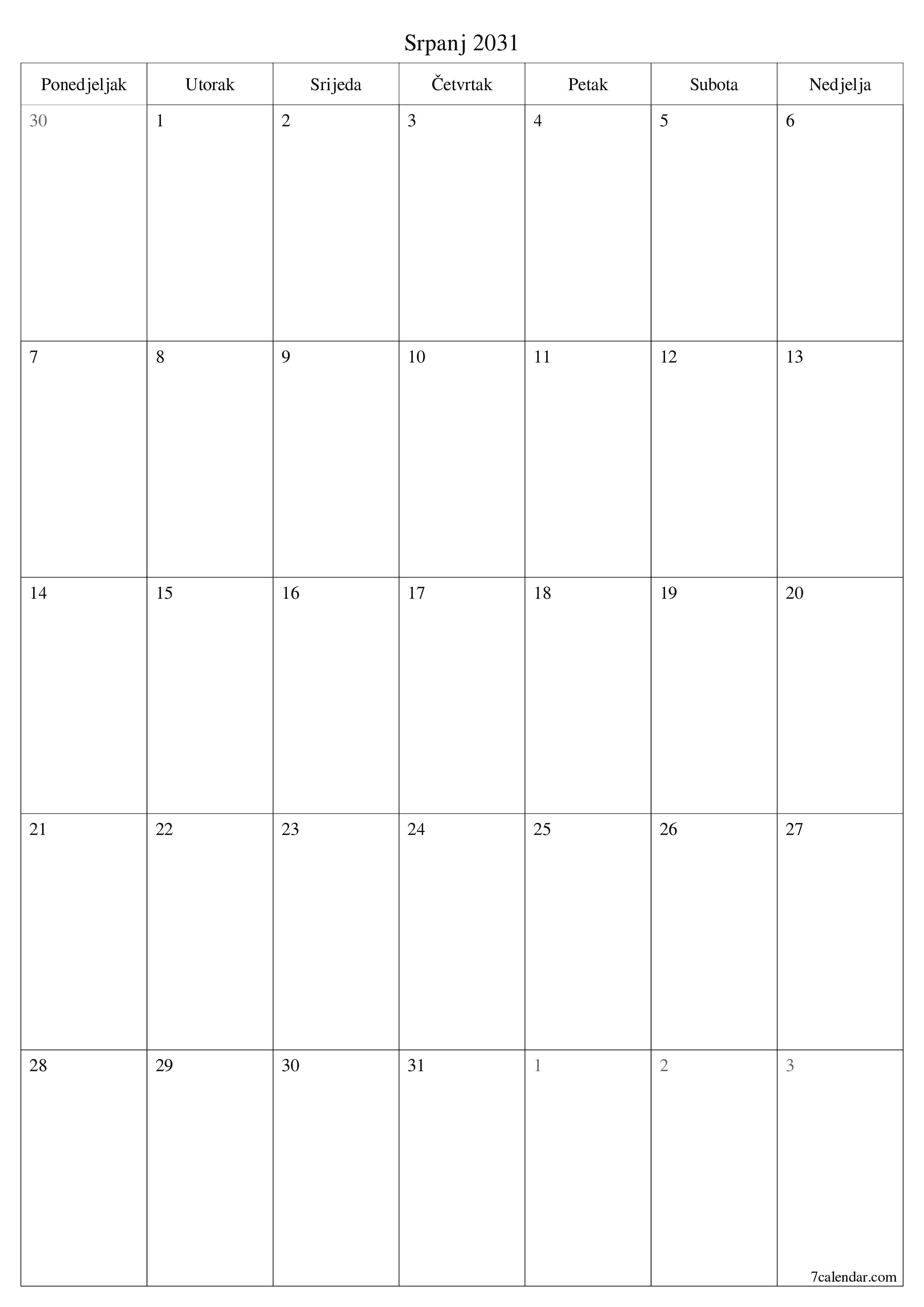  za ispis zidni predložak a besplatni okomito Mjesečni planer kalendar Srpanj (Srp) 2031