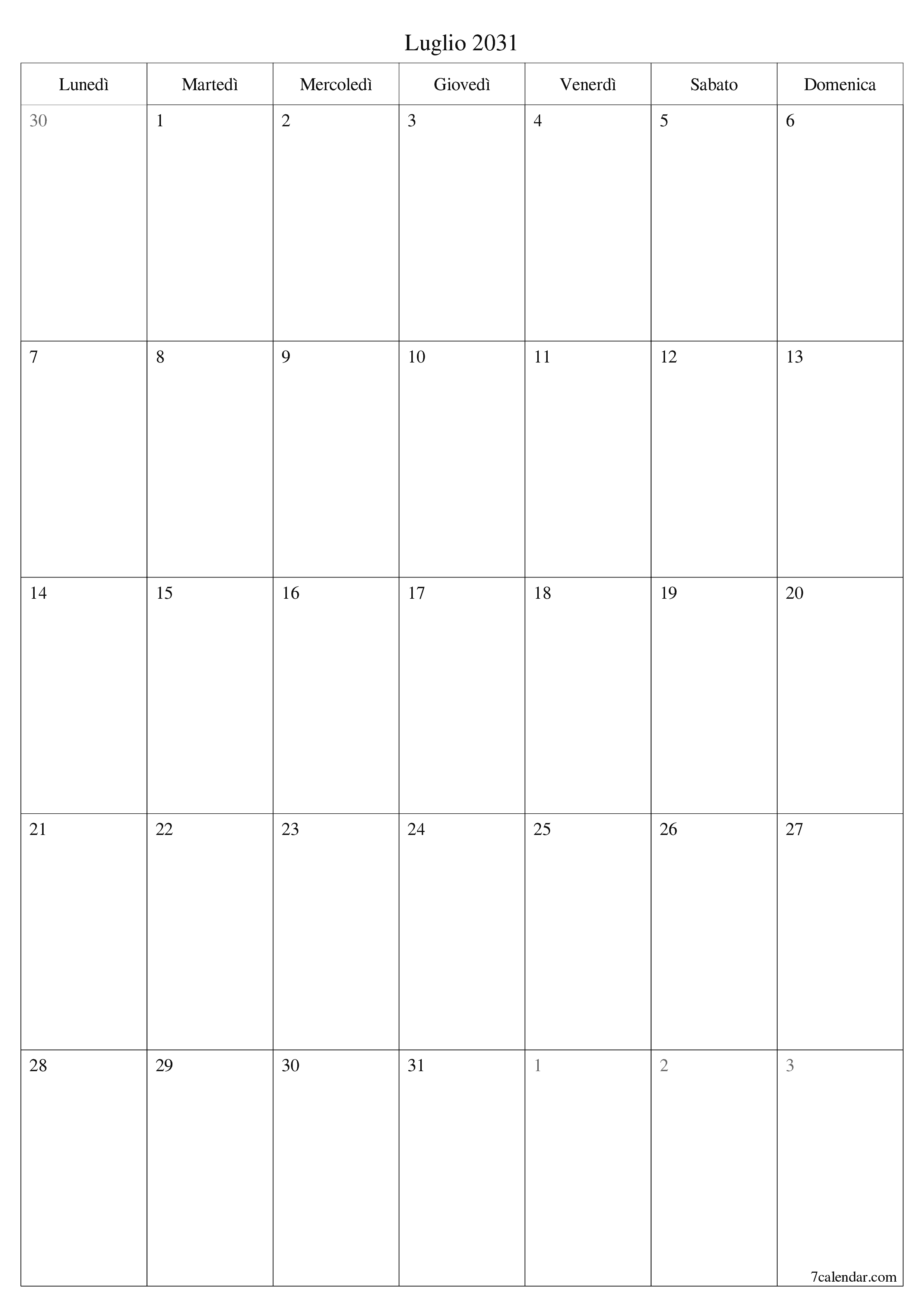  stampabile da parete modello di gratuitoverticale Mensile pianificatore calendario Luglio (Lug) 2031