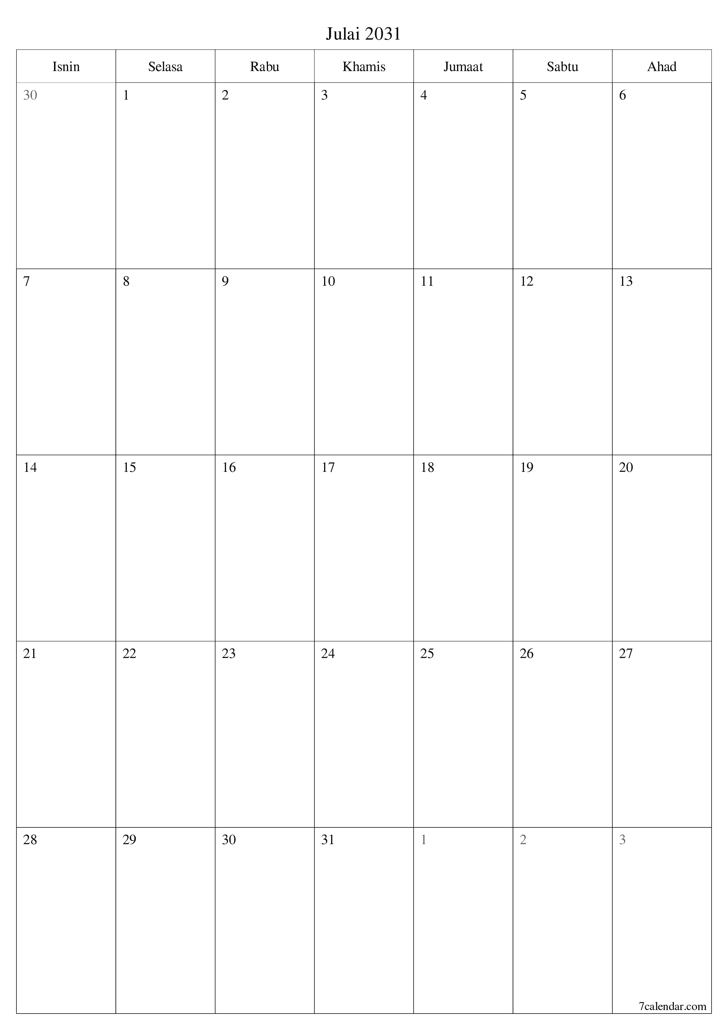  boleh cetak dinding templat percumamenegak Bulanan perancang kalendar Julai (Jul) 2031