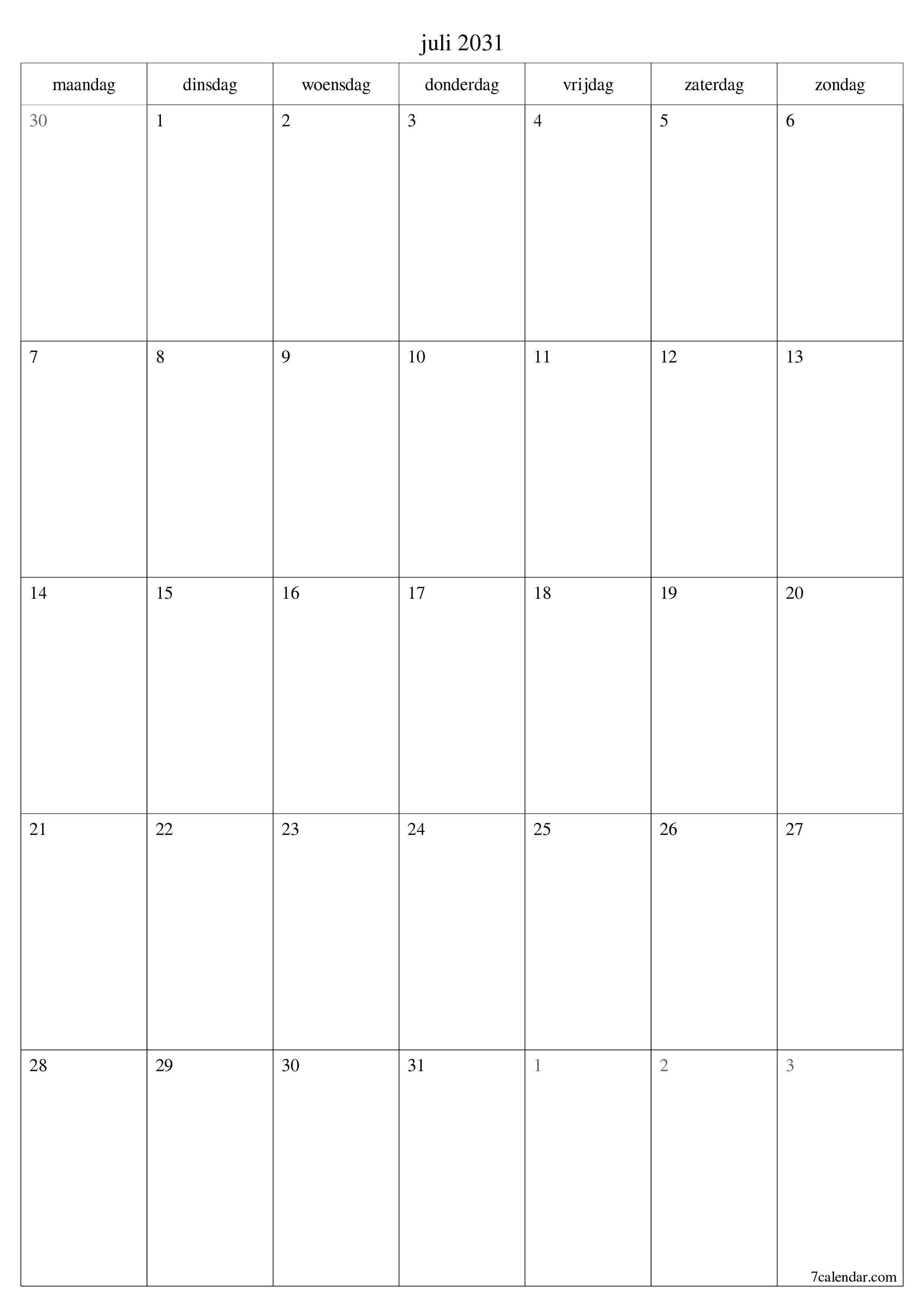 afdrukbare muur sjabloon gratis verticaal Maandelijks planner kalender juli (jul) 2031