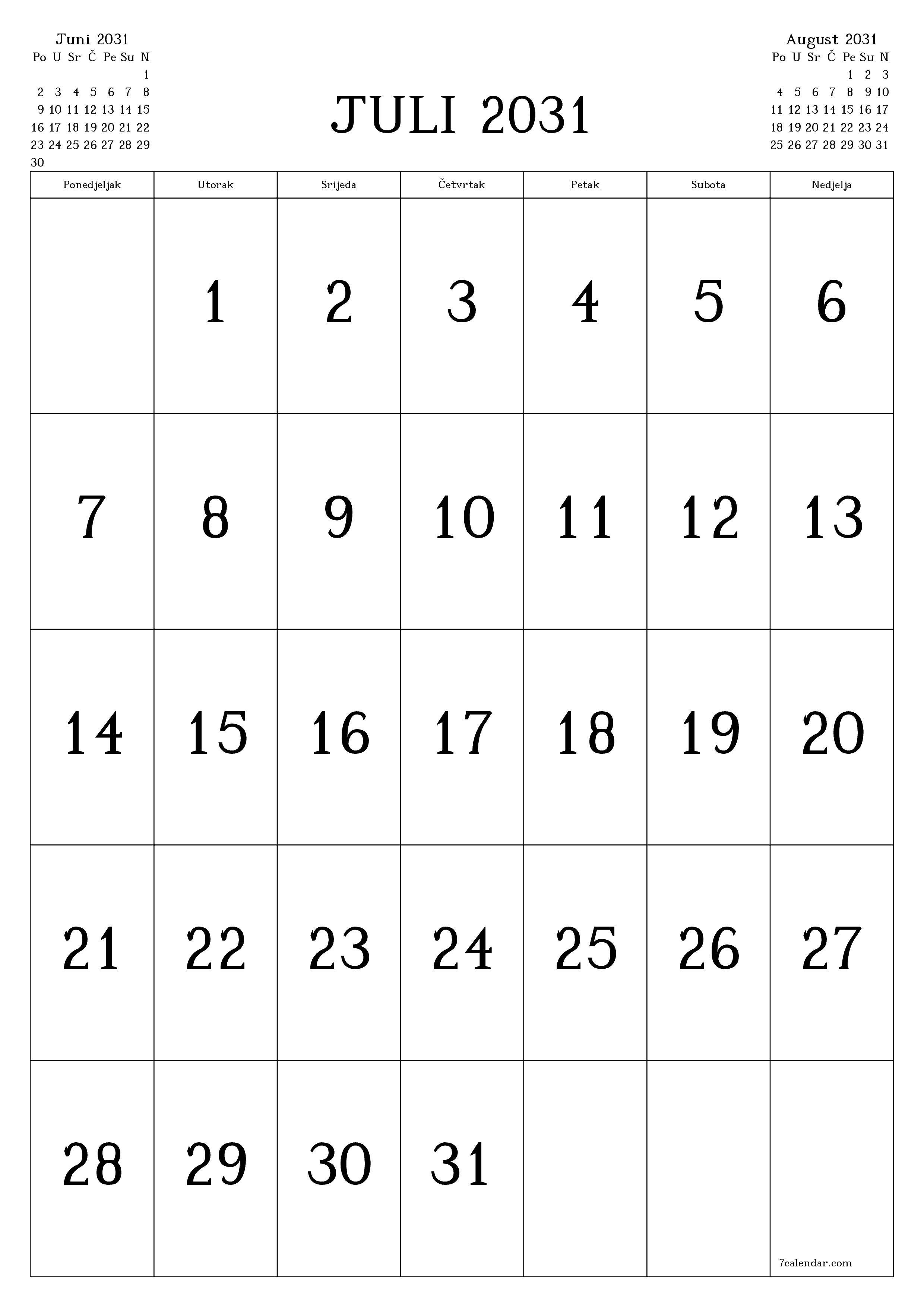  za štampanje zidni šablon a besplatni vertikalno Mjesečno kalendar Juli (Jul) 2031
