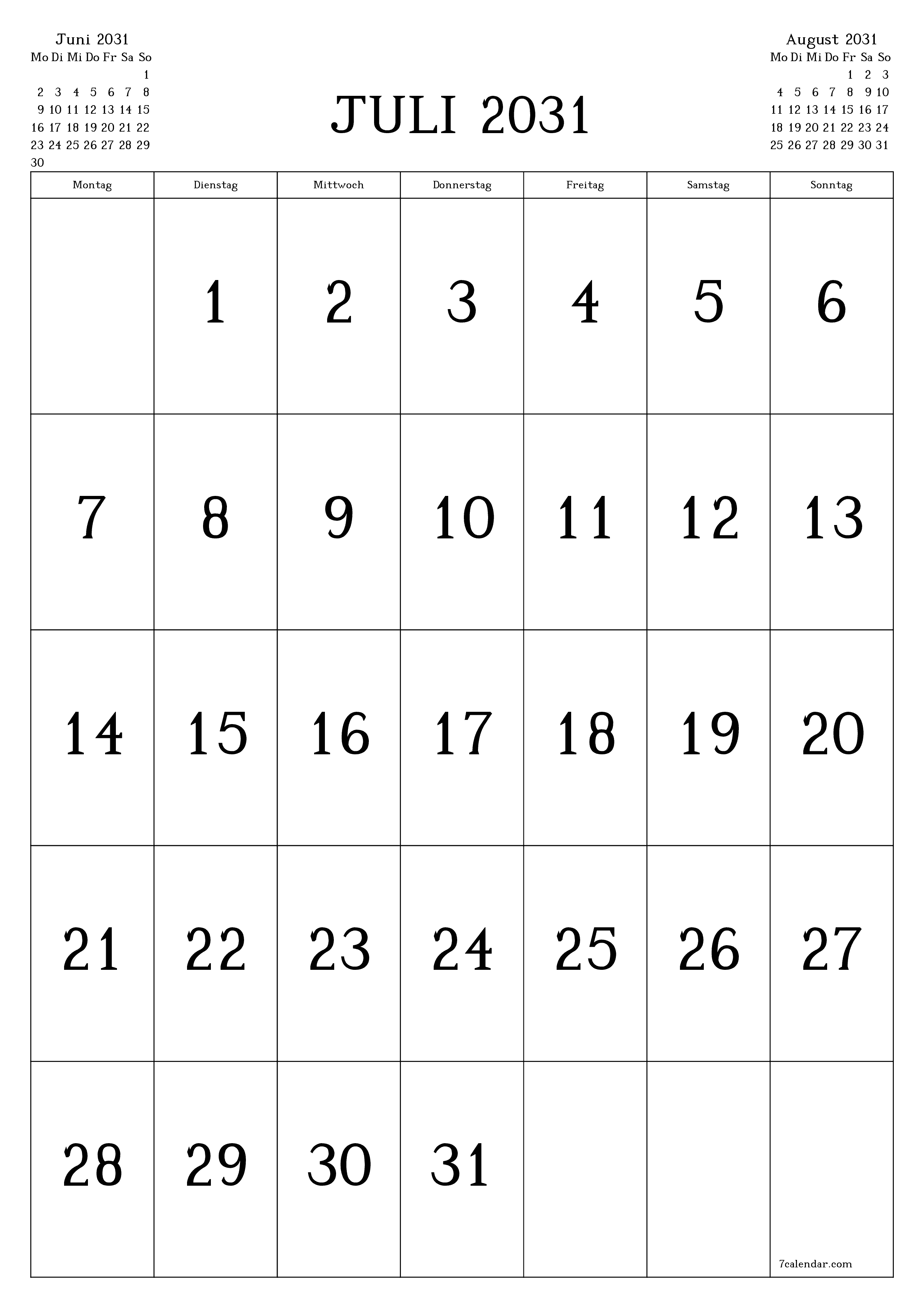  zum Ausdrucken Wandkalender vorlage kostenloser vertikal Monatlich Kalender Juli (Jul) 2031