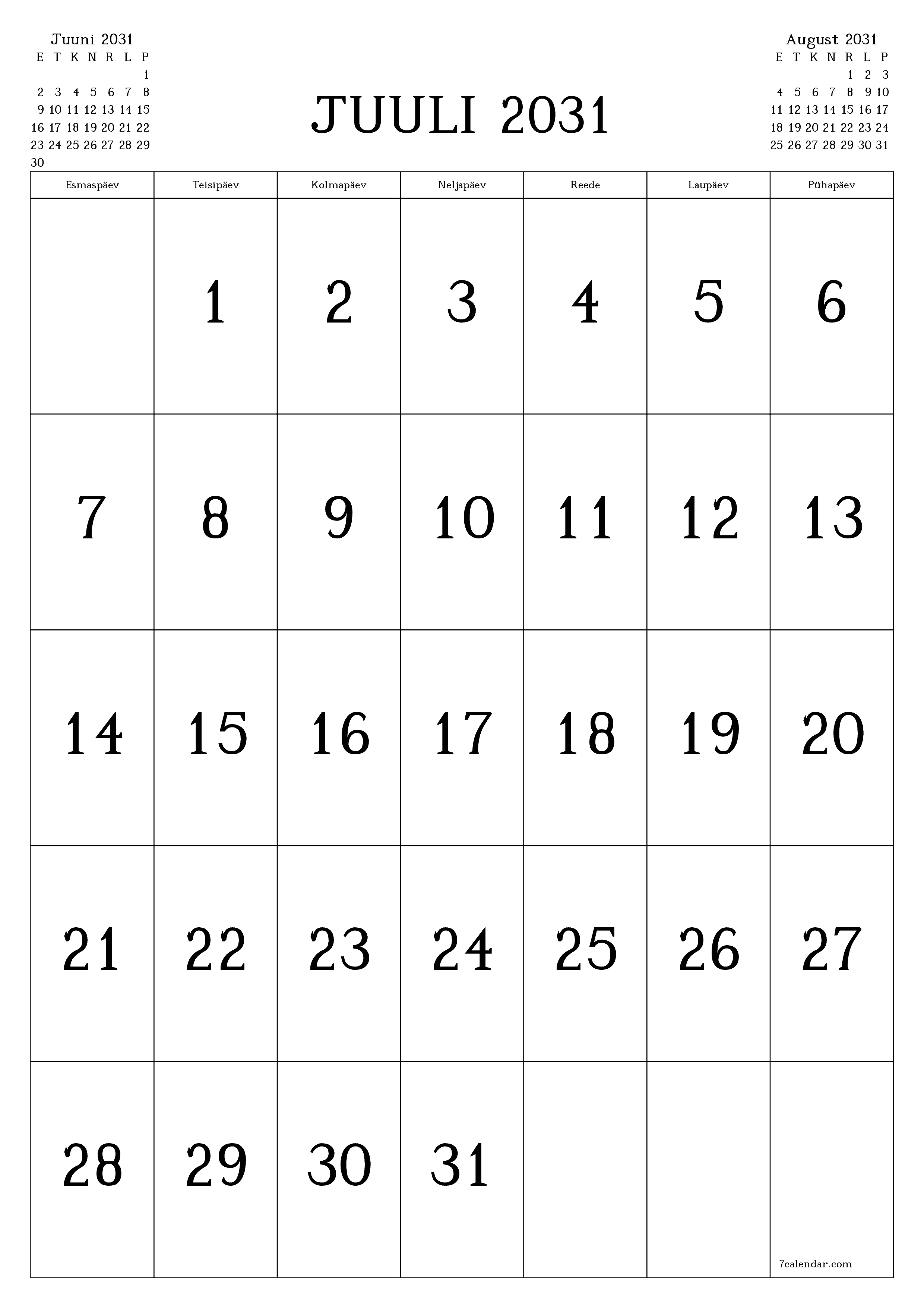 prinditav seina kalendri mall tasuta vertikaalne Igakuine kalender Juuli (Juuli) 2031