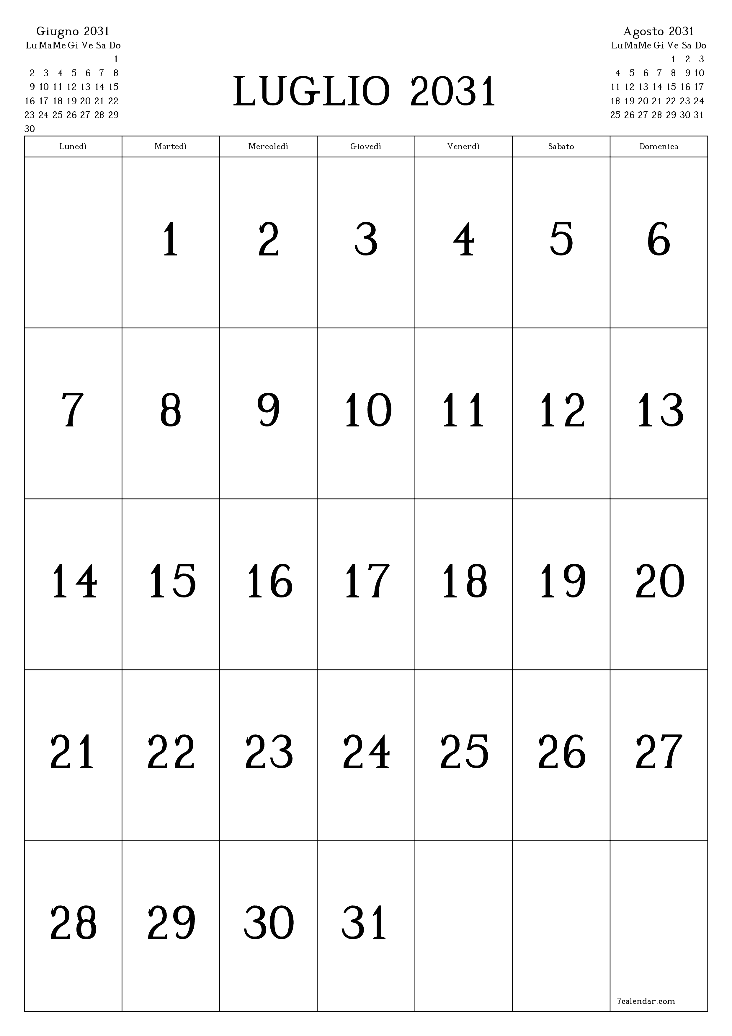  stampabile da parete modello di gratuitoverticale Mensile calendario Luglio (Lug) 2031