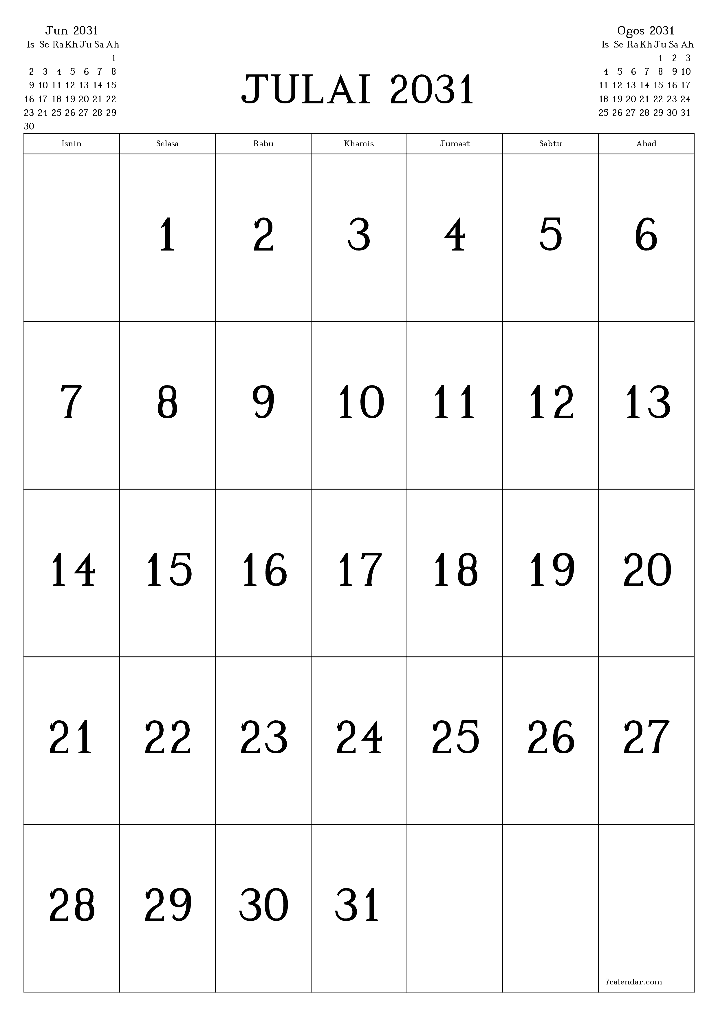  boleh cetak dinding templat percumamenegak Bulanan kalendar Julai (Jul) 2031