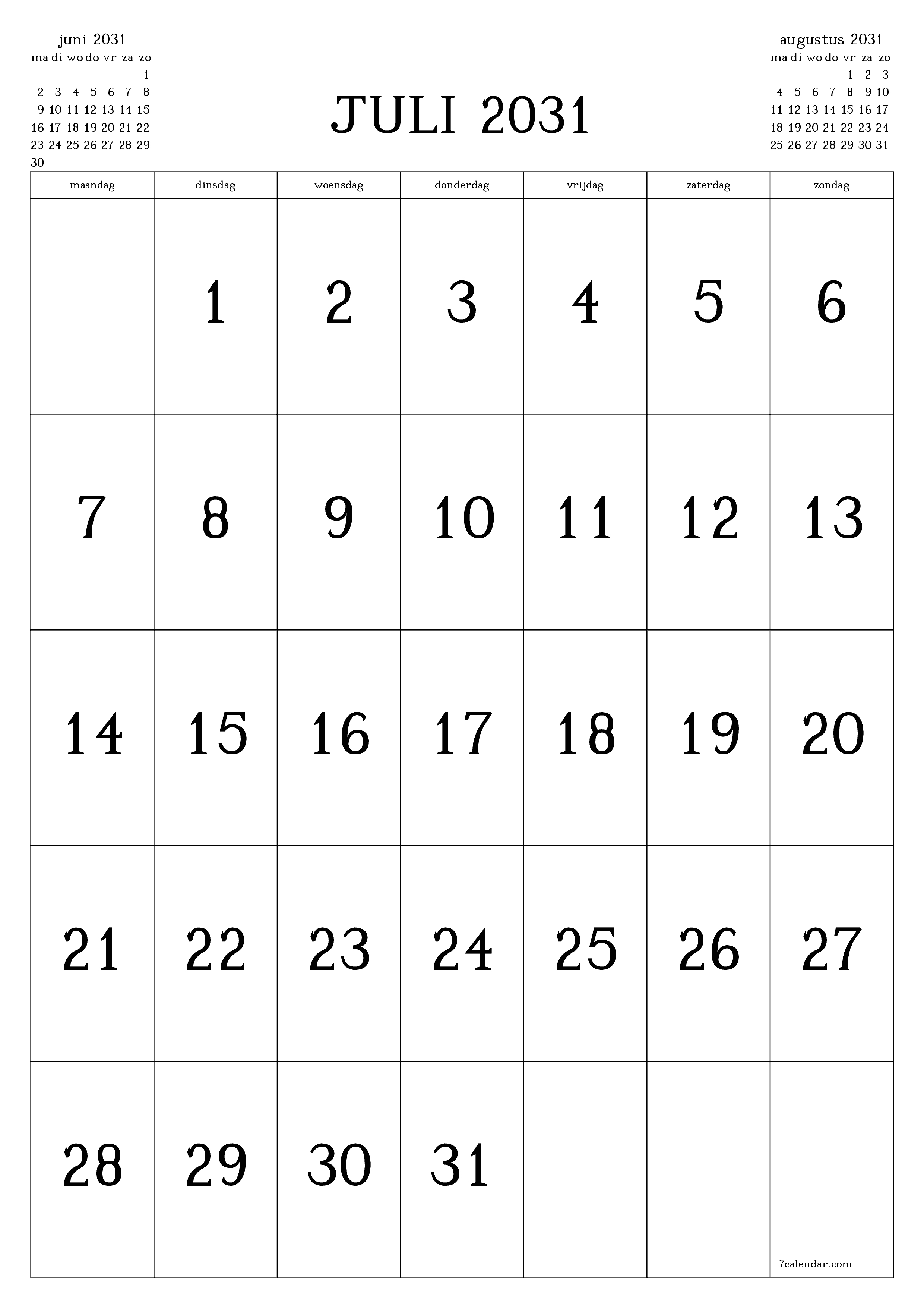 afdrukbare muur sjabloon gratis verticaal Maandelijks kalender juli (jul) 2031