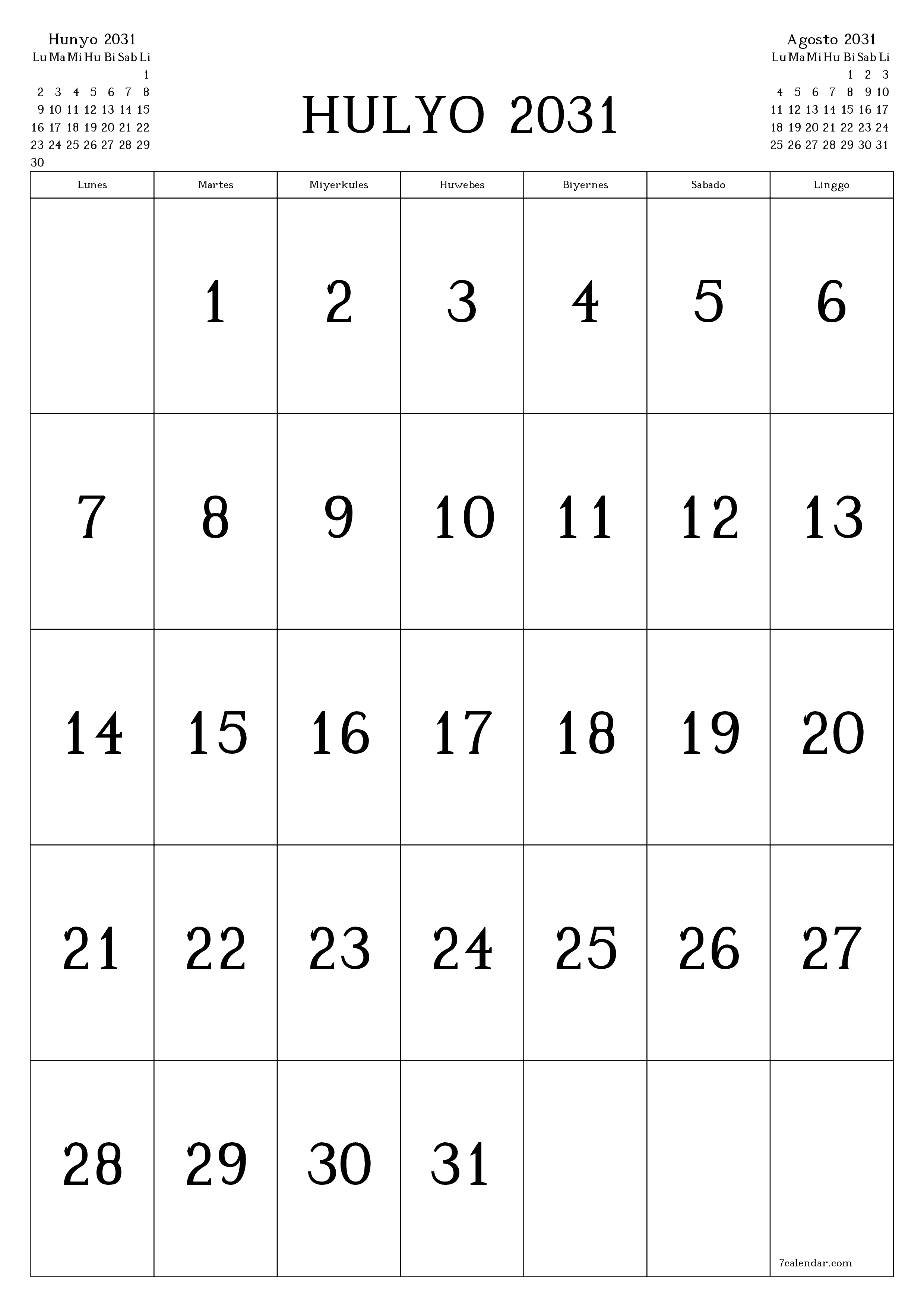 napi-print na sa dingding template ng libreng patayo Buwanang kalendaryo Hulyo (Hul) 2031