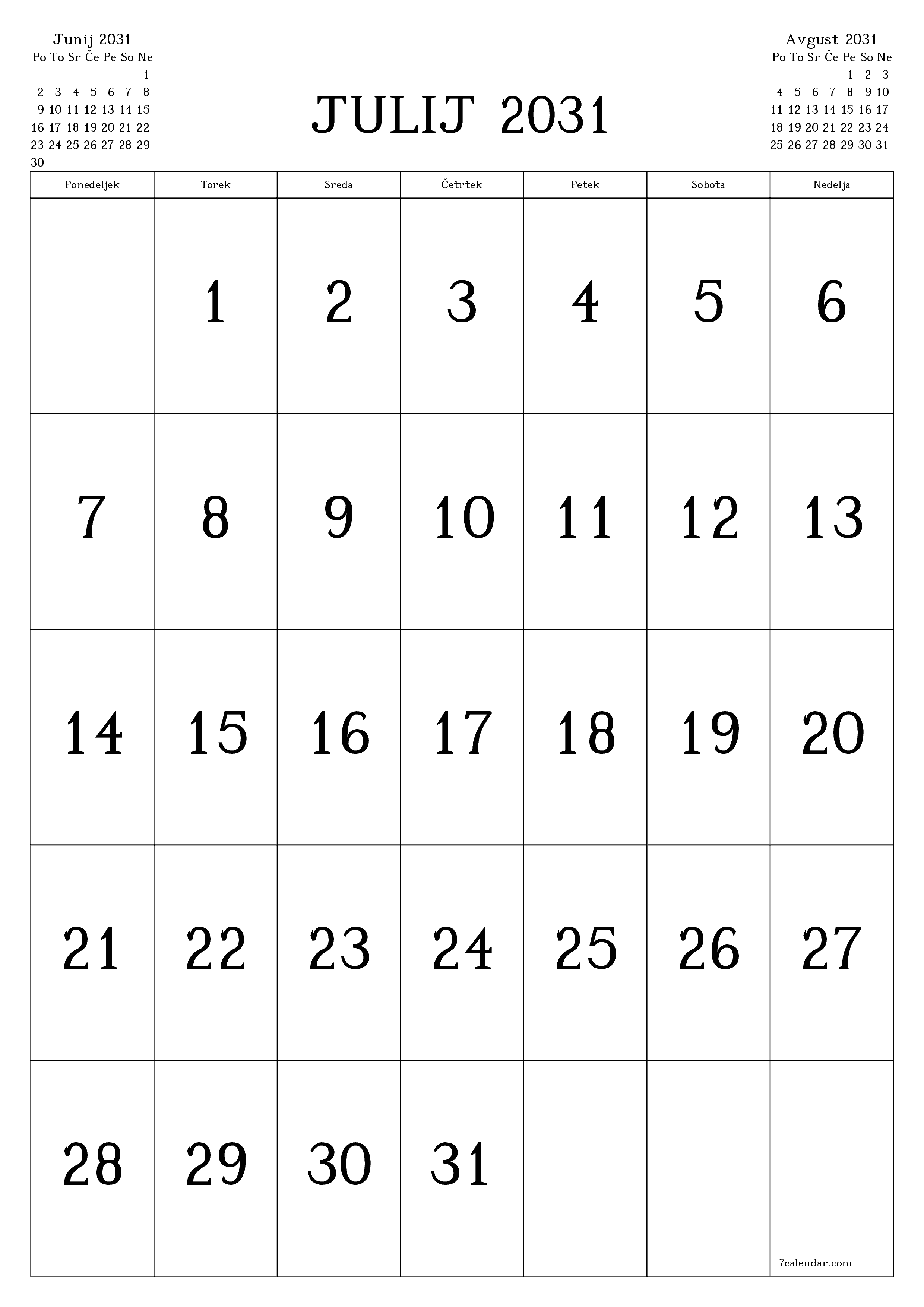 natisljiv stenski ska predloga brezplačni vertical Mesečno koledar Julij (Jul) 2031