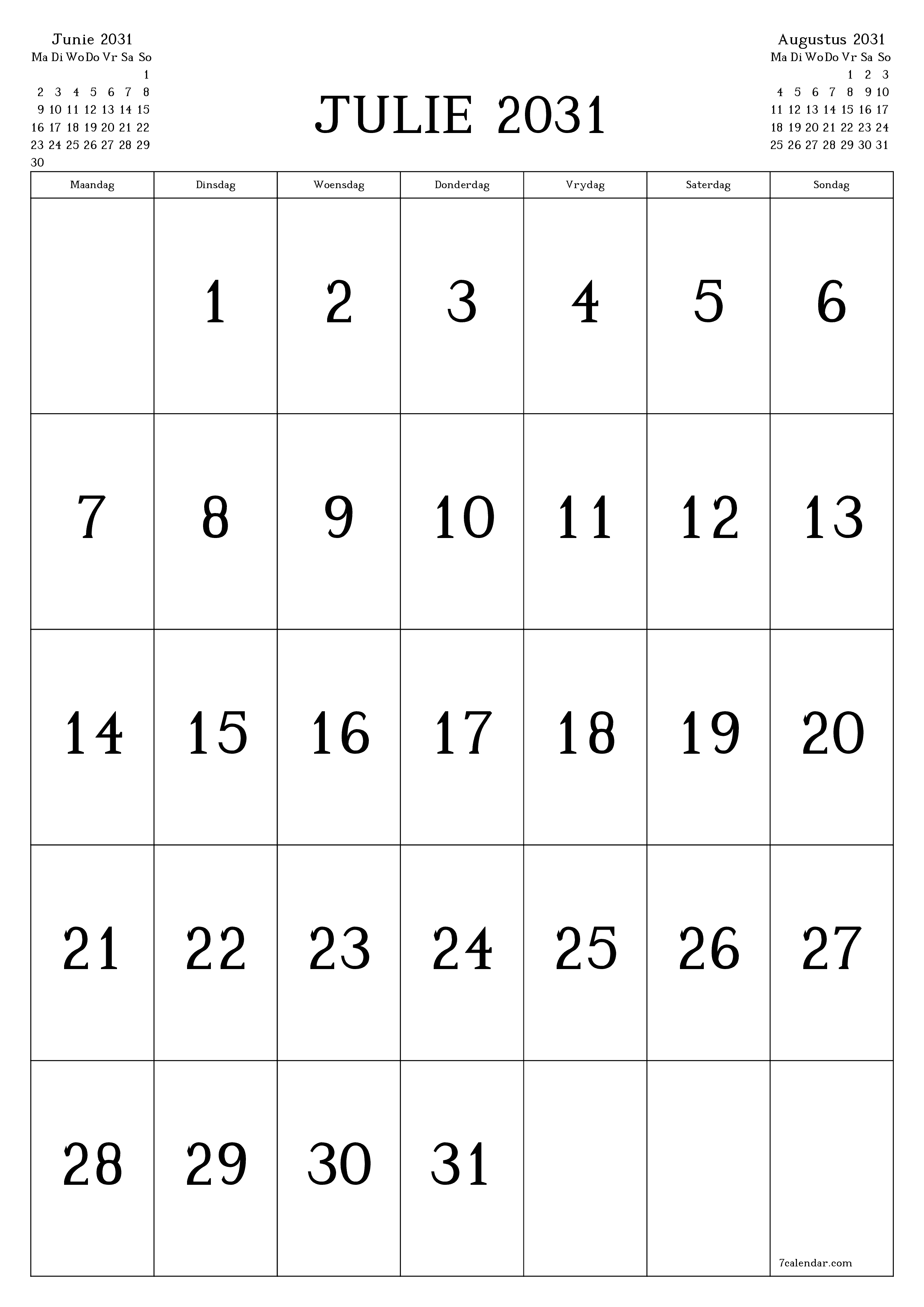 drukbare muur template gratis vertikaal Maandeliks kalender Julie (Jul) 2031