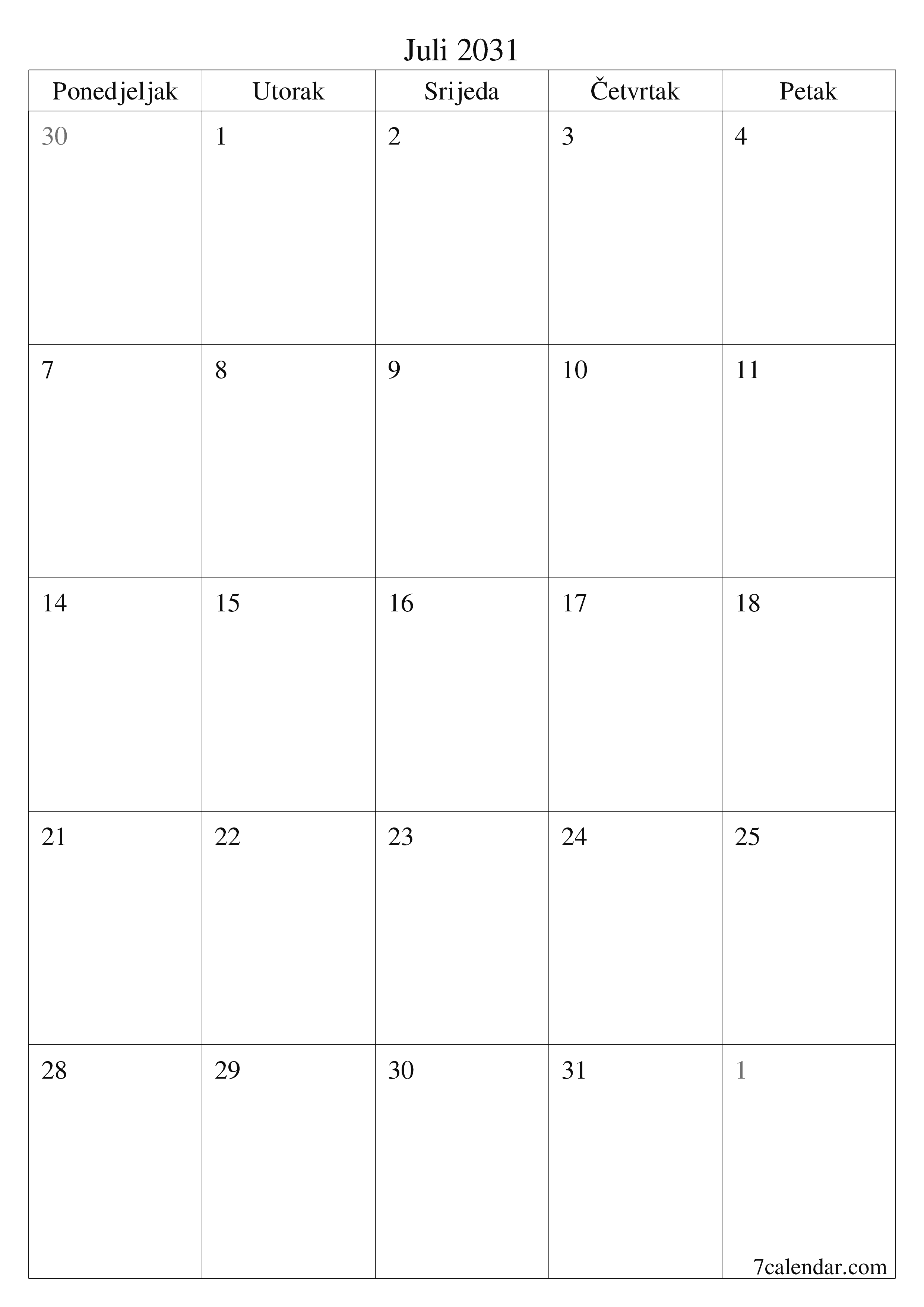  za štampanje zidni šablon a besplatni vertikalno Mjesečno planer kalendar Juli (Jul) 2031