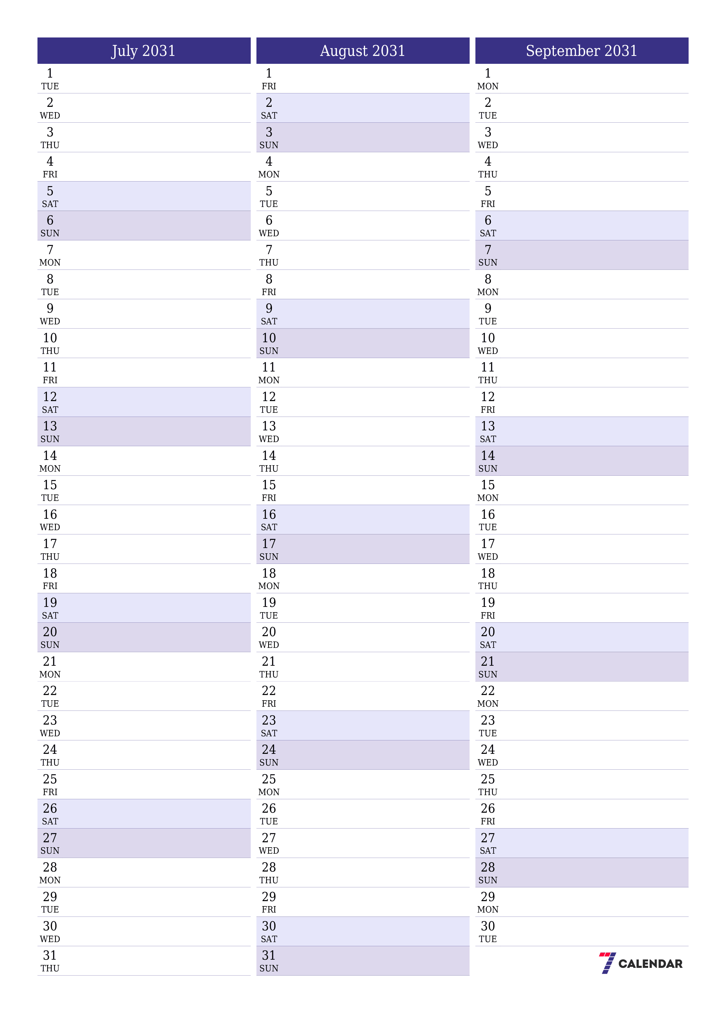 printable wall template free vertical Monthly planner calendar July (Jul) 2031