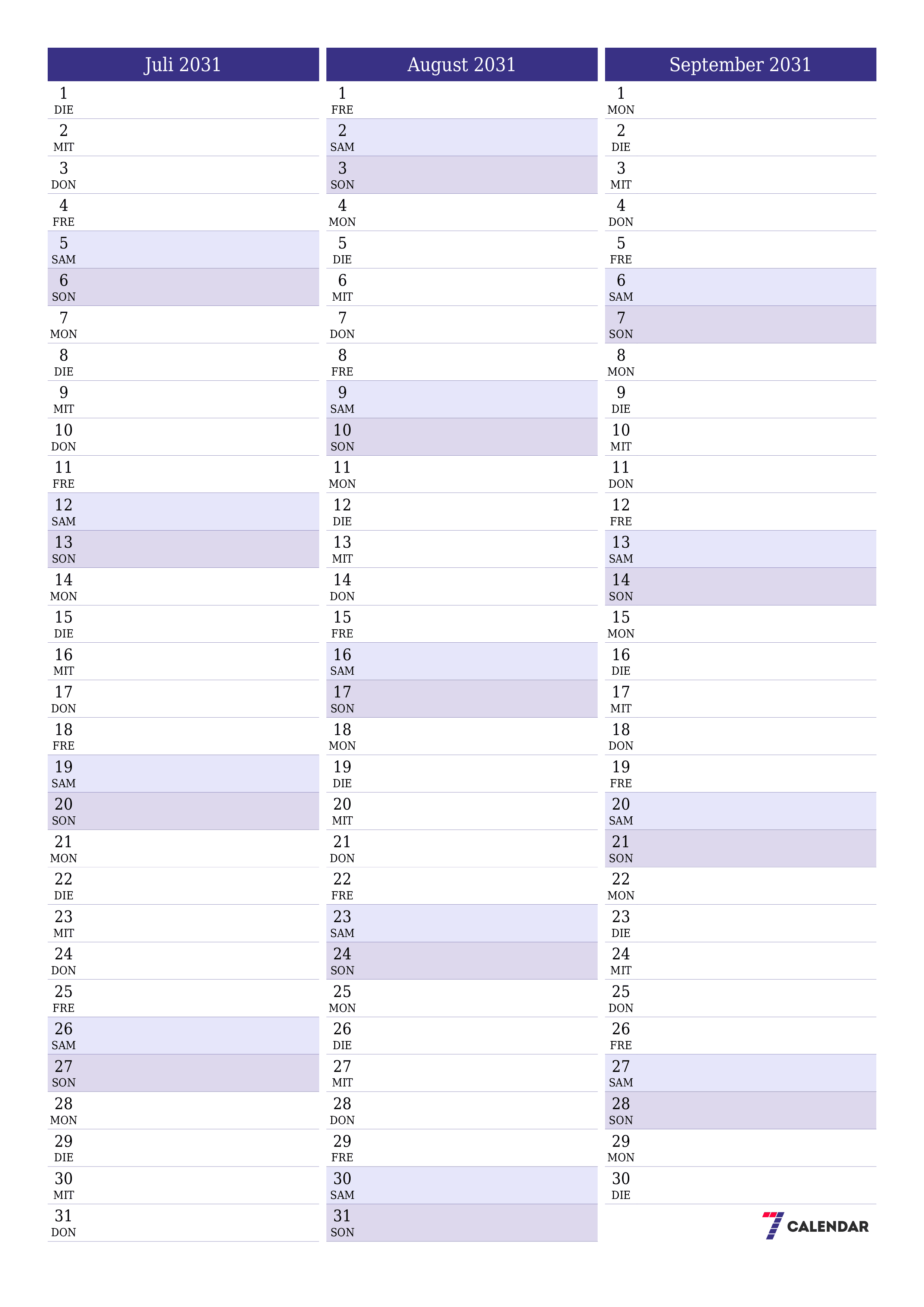  zum Ausdrucken Wandkalender vorlage kostenloser vertikal Monatlich Planer Kalender Juli (Jul) 2031