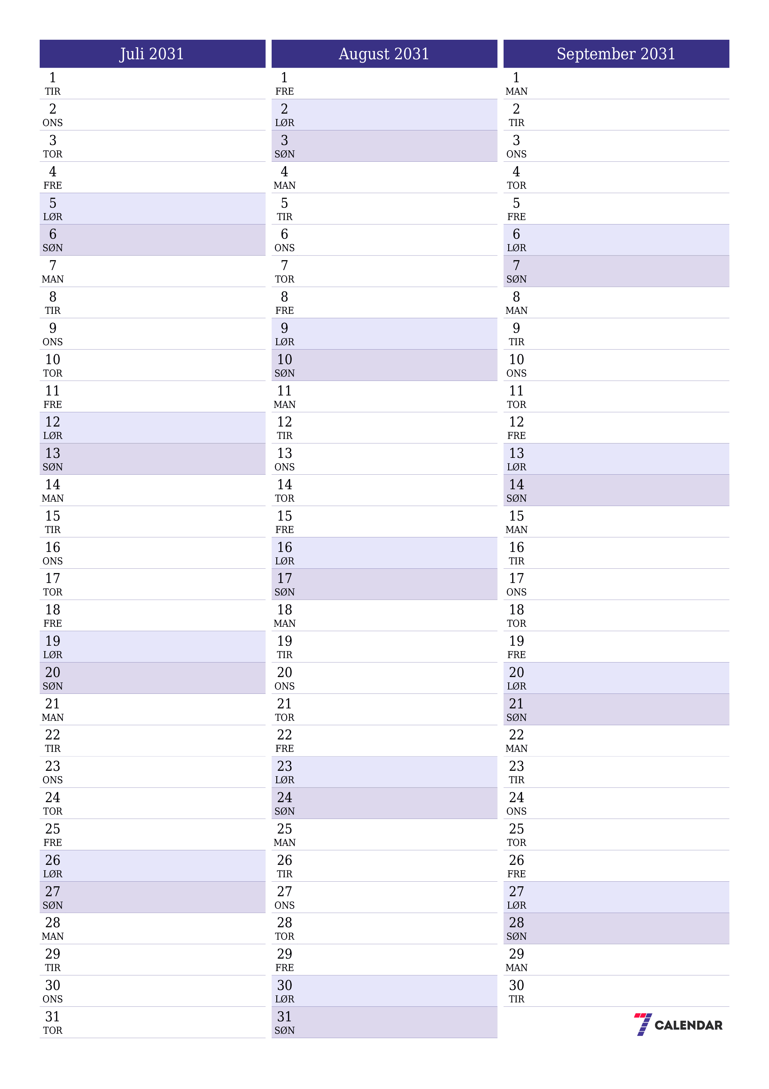 udskrivbar væg skabelon gratis lodret Månedlig planlægger kalender Juli (Jul) 2031