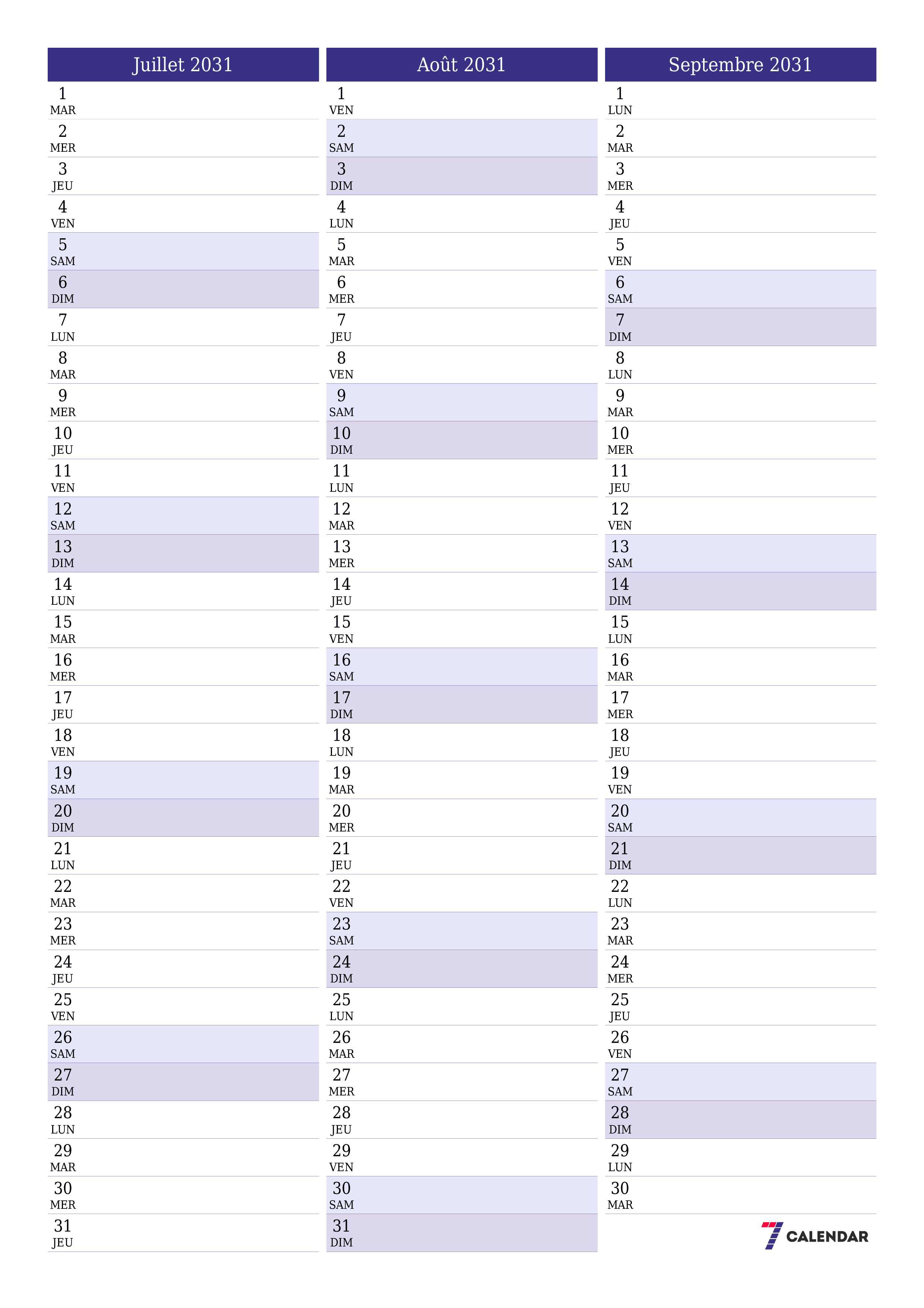  imprimable mural modèle de gratuitverticale Mensuel planificateur calendrier Juillet (Jul) 2031