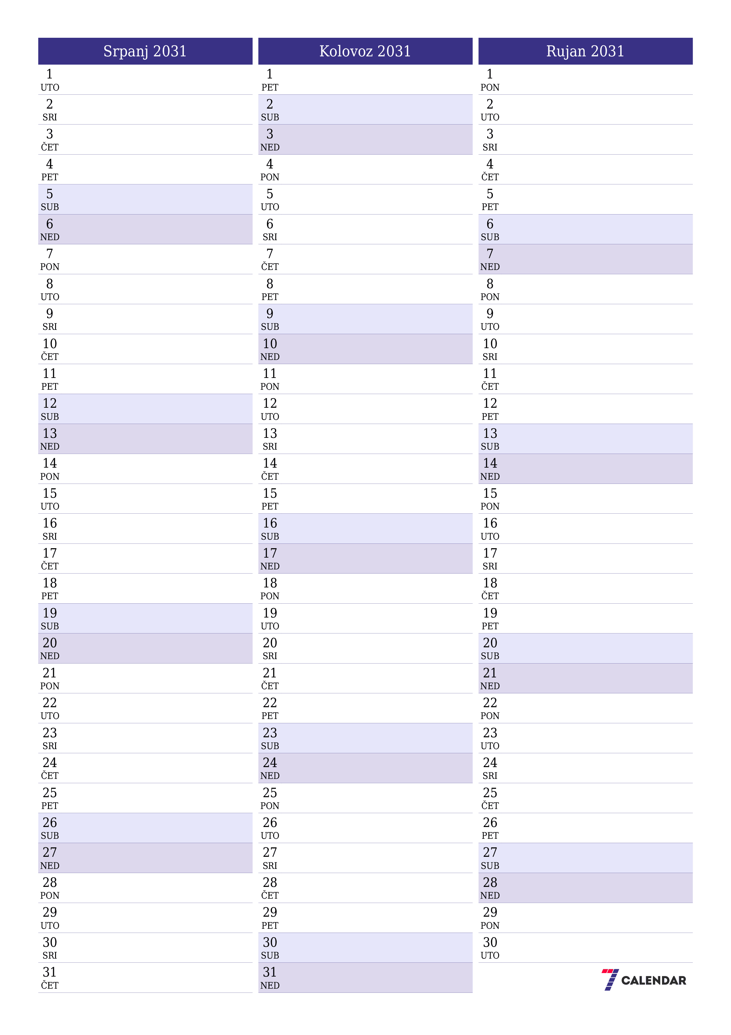  za ispis zidni predložak a besplatni okomito Mjesečni planer kalendar Srpanj (Srp) 2031
