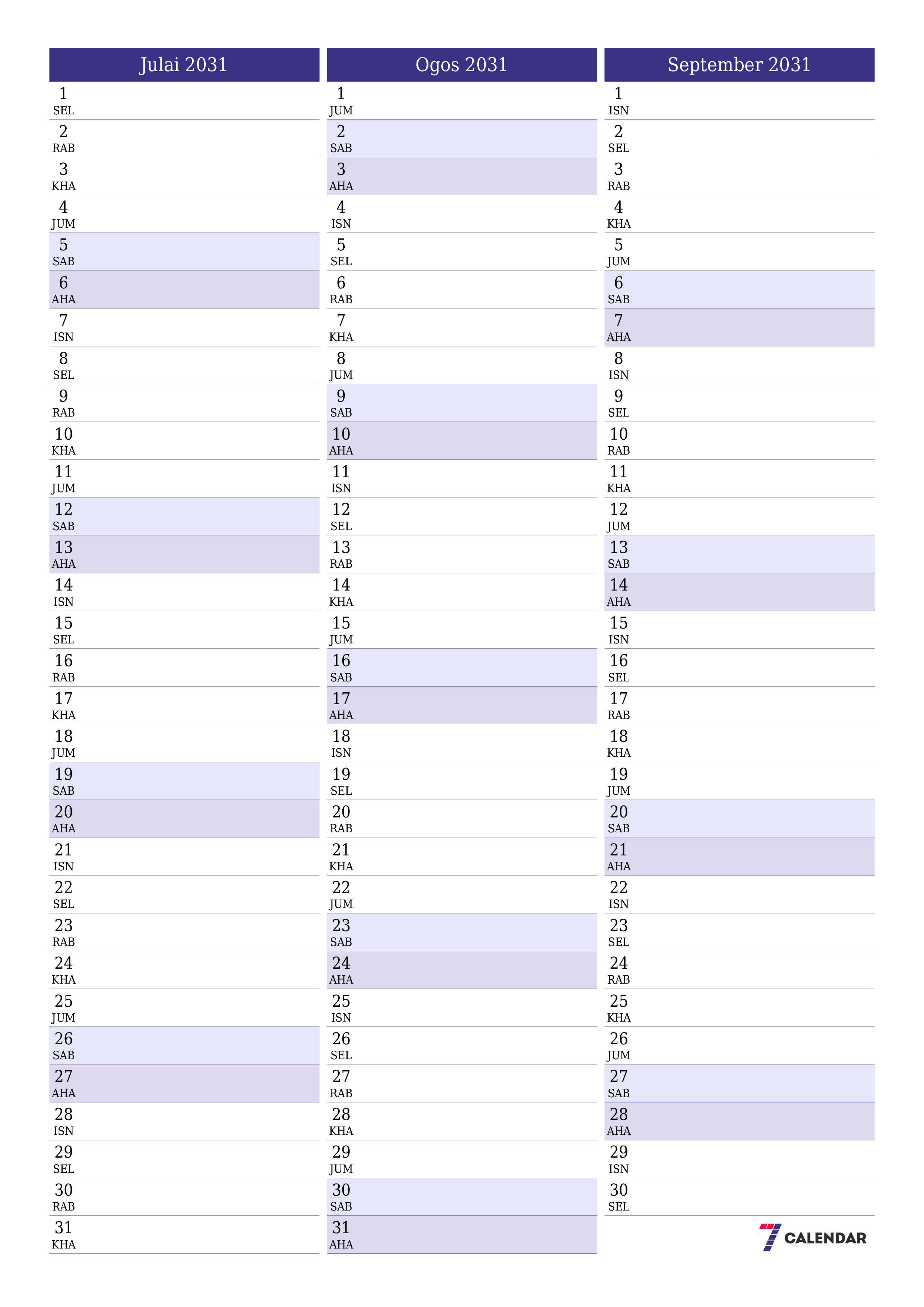  boleh cetak dinding templat percumamenegak Bulanan perancang kalendar Julai (Jul) 2031