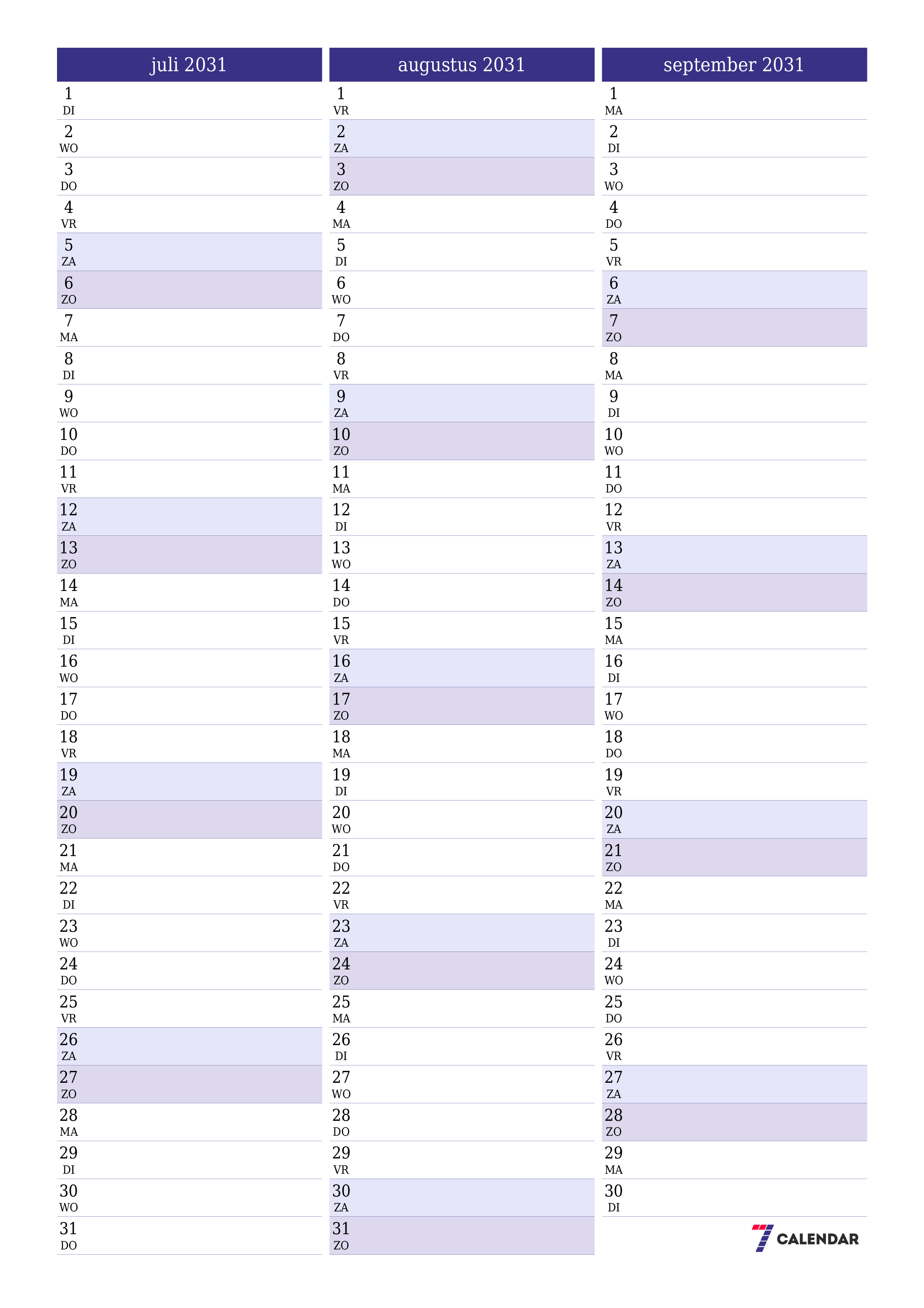 afdrukbare muur sjabloon gratis verticaal Maandelijks planner kalender juli (jul) 2031