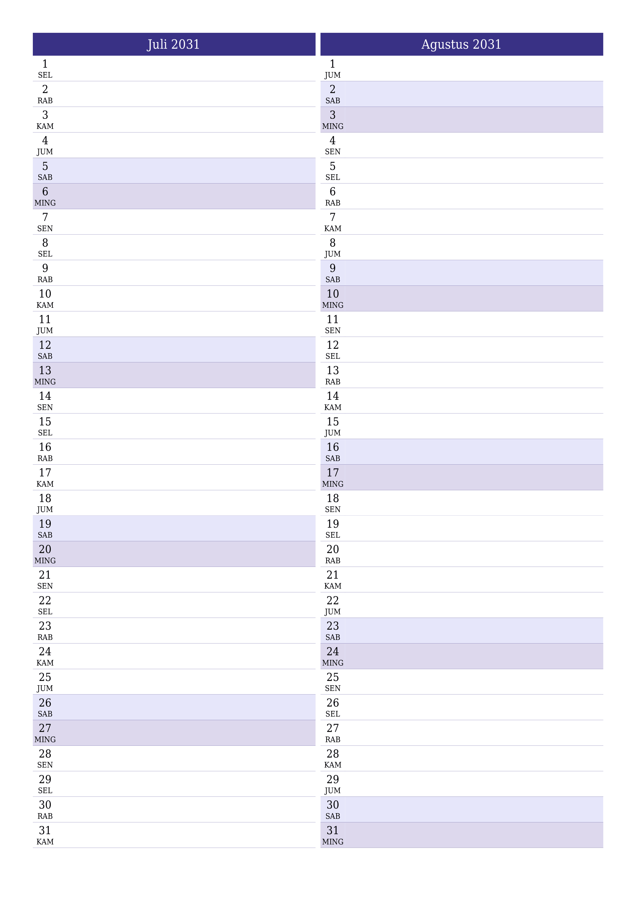  yang dapat dicetak dinding templat gratisvertikal Bulanan perencana kalender Juli (Jul) 2031