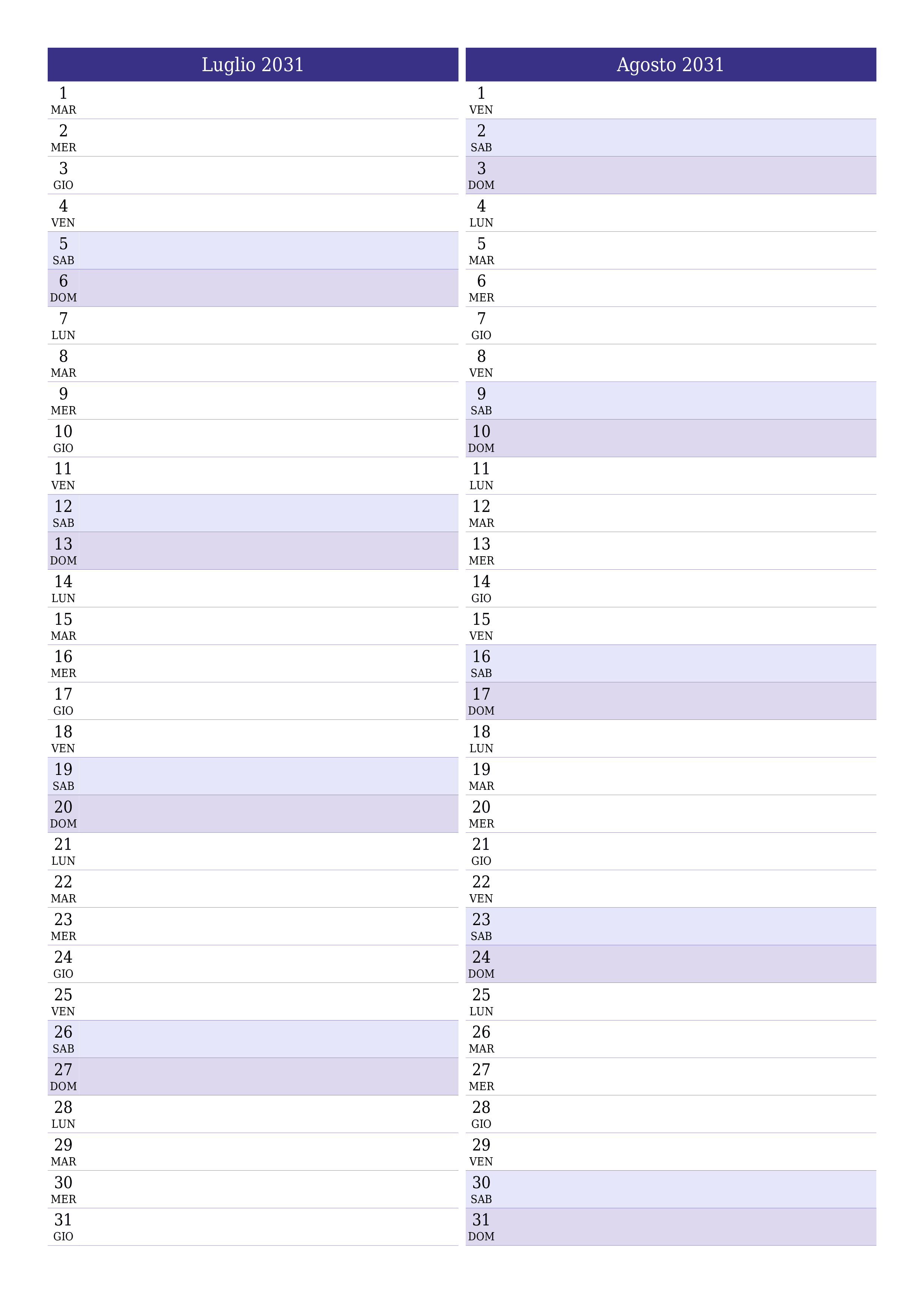  stampabile da parete modello di gratuitoverticale Mensile pianificatore calendario Luglio (Lug) 2031
