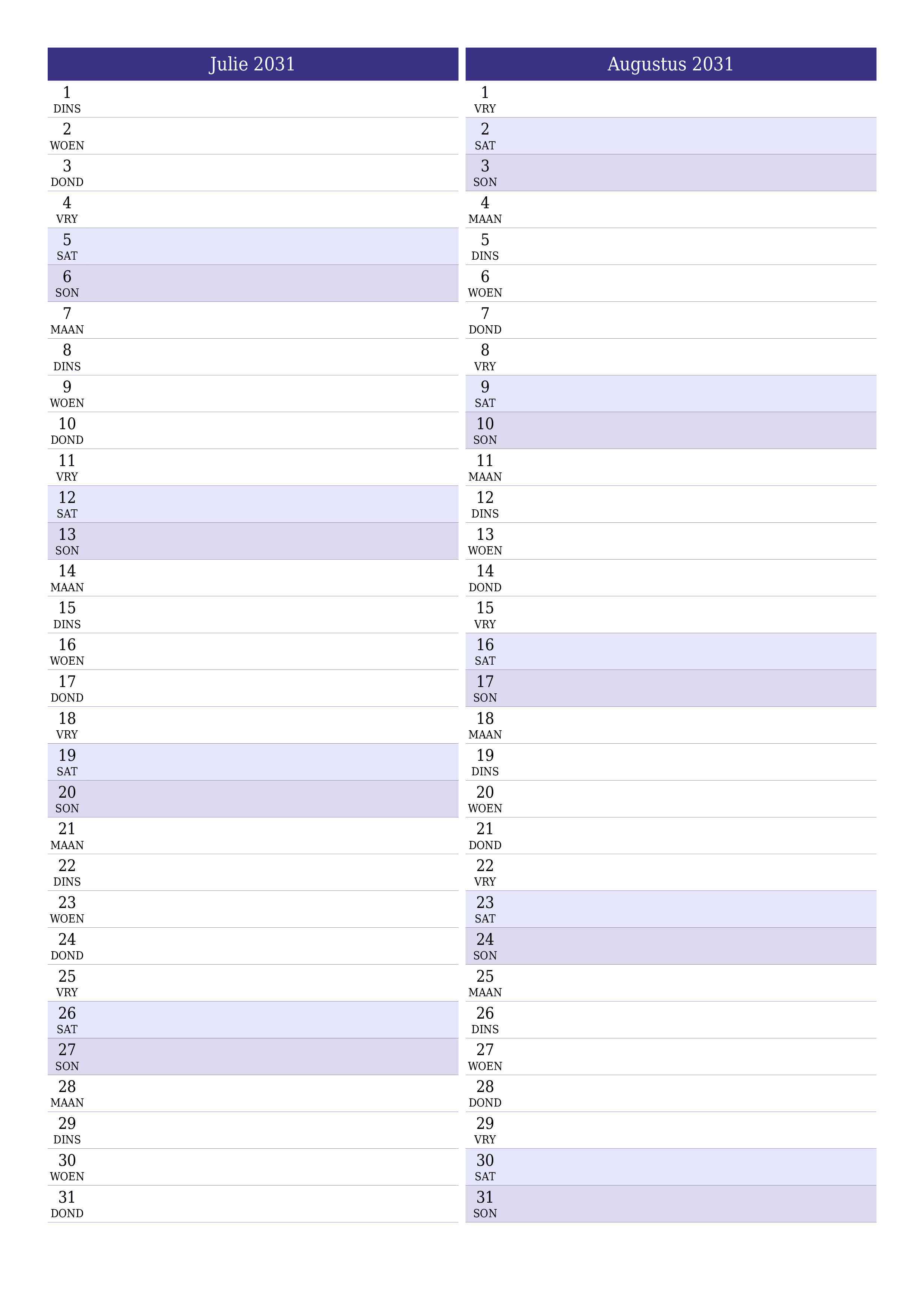 drukbare muur template gratis vertikaal Maandeliks beplanner kalender Julie (Jul) 2031